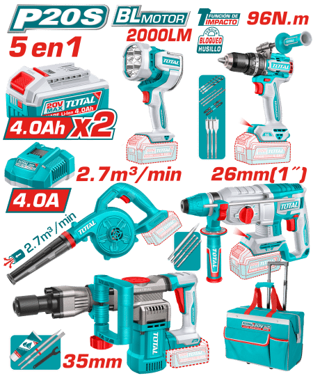 COMBO (5EN1) 20V ROTOMARTILLO + DEMOLEDOR + TALADRO + LINTERNA + SOPLADOR 2X4.0AH +ACC INDUSTRIAL