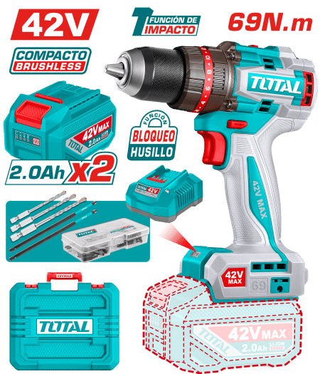 TALADRO PERCUTOR 42V 69NM 13MM 2X2.0AH BRUSHLESS +ACC MALETIN INDUSTRIAL