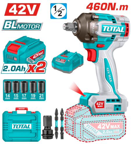 LLAVE IMPACTO BL 42V 460NM 1/2'' 2900BPM BL 2X2.0AH +ACC MALETIN INDUSTRIAL