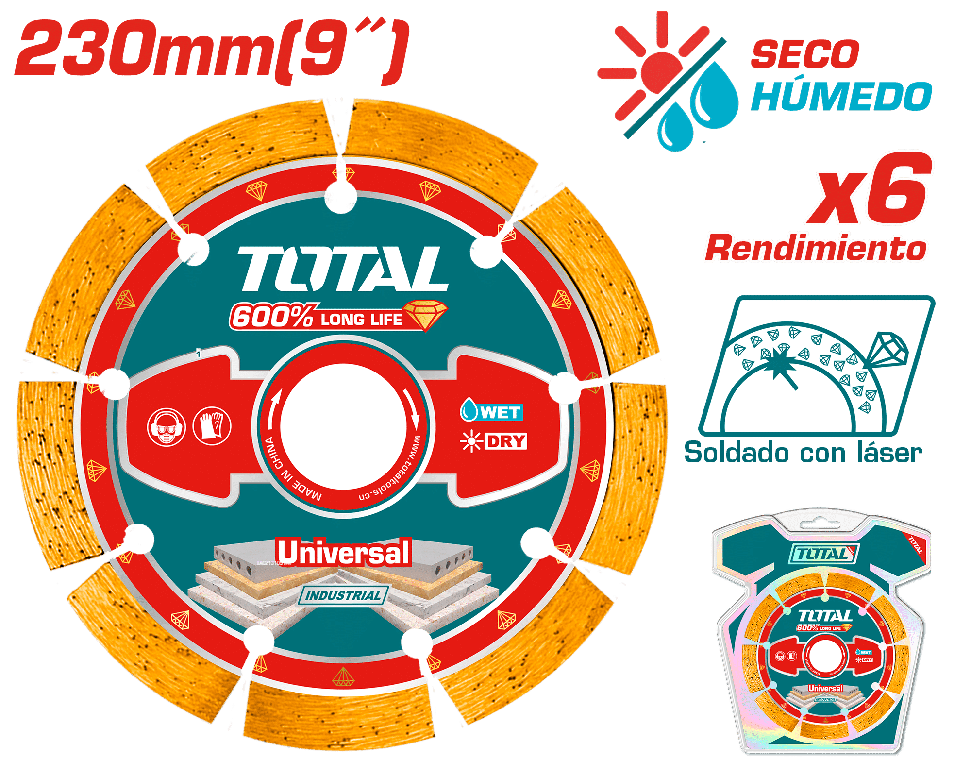DISCO DIAMANTADO SOLDADO LASER 230MM HOJA:10MM HUM/SEC INDUSTRIAL