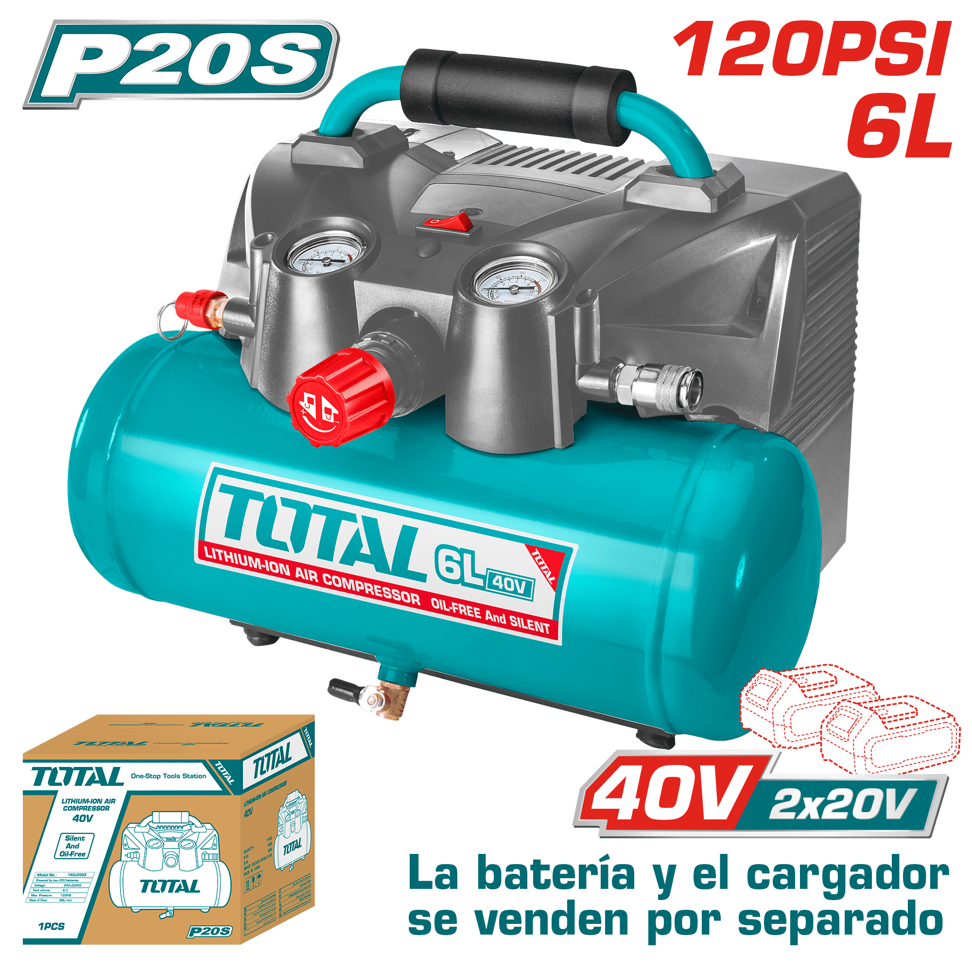 COMPRESORA 2X20V (40V) 98L/MIN 6L 120PSI SIN BATERIA