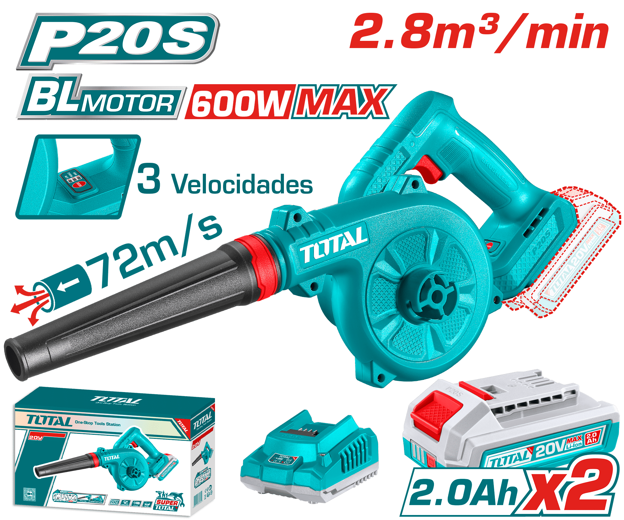 SOPLADORA BRUSHLESS 20V 2.8M3/MIN 13000/16000/19500RPM 72M/S 2X2.0AH