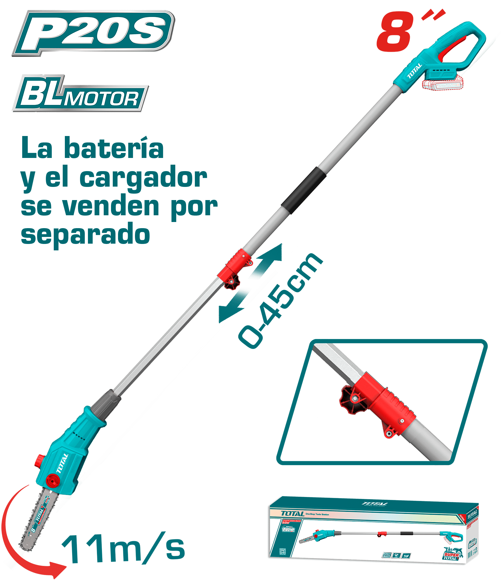SIERRA PODADORA TELESCOPICA 20V BL MOTOR 8'' LONG: 2M INDUSTRIAL