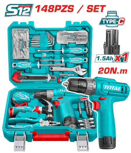 SET TALADRO 12V 20NM 1X1.5AH + HERRAMIENTAS (148 PIEZAS) + MALETIN