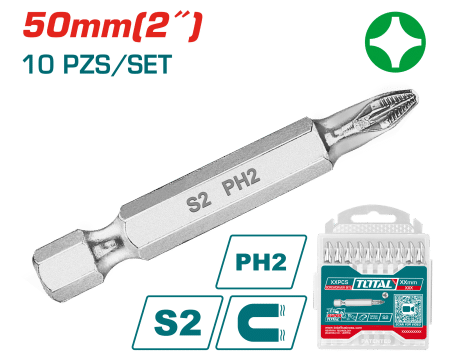 SET DE PUNTAS S2 (PH2) 50MM 10PCS/SET NIQUELADO MAGNETICO INDUSTRIAL