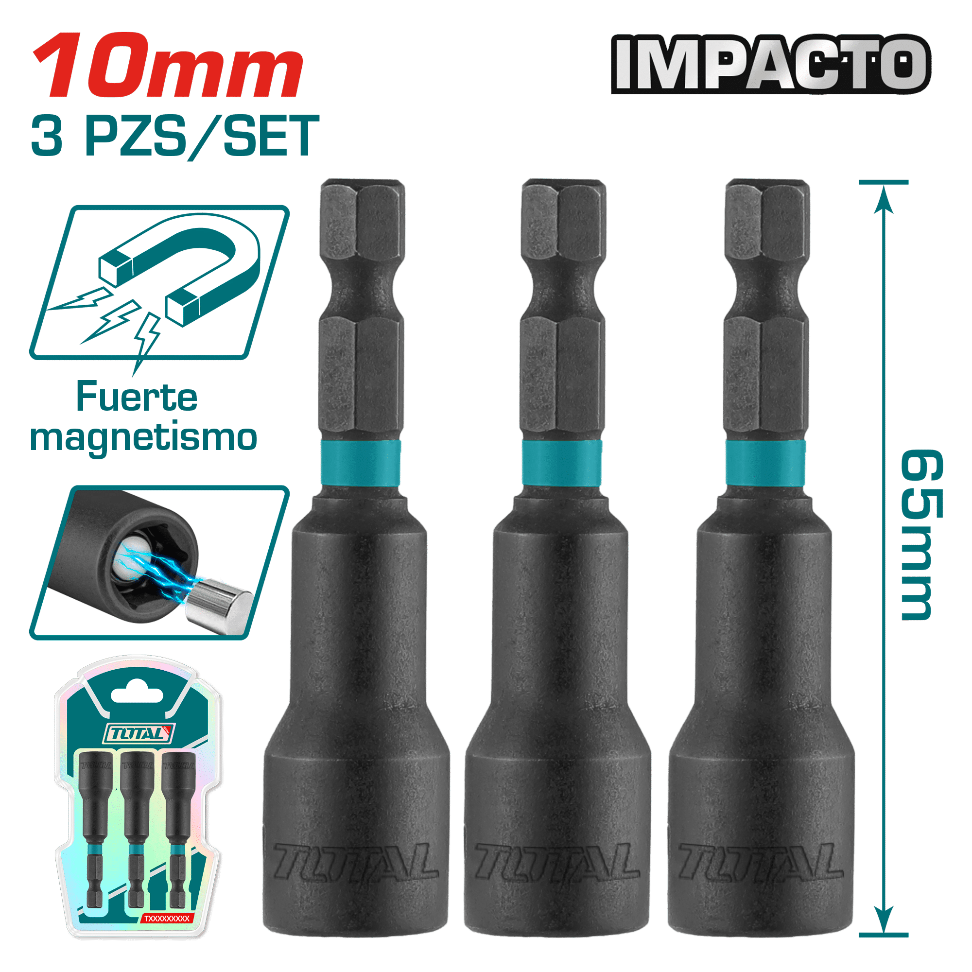 SET SOCKETS IMP. MAGNÉTICO 1/4'' HEX 10MM X65MM 50BV30 3PZS INDUSTRIAL
