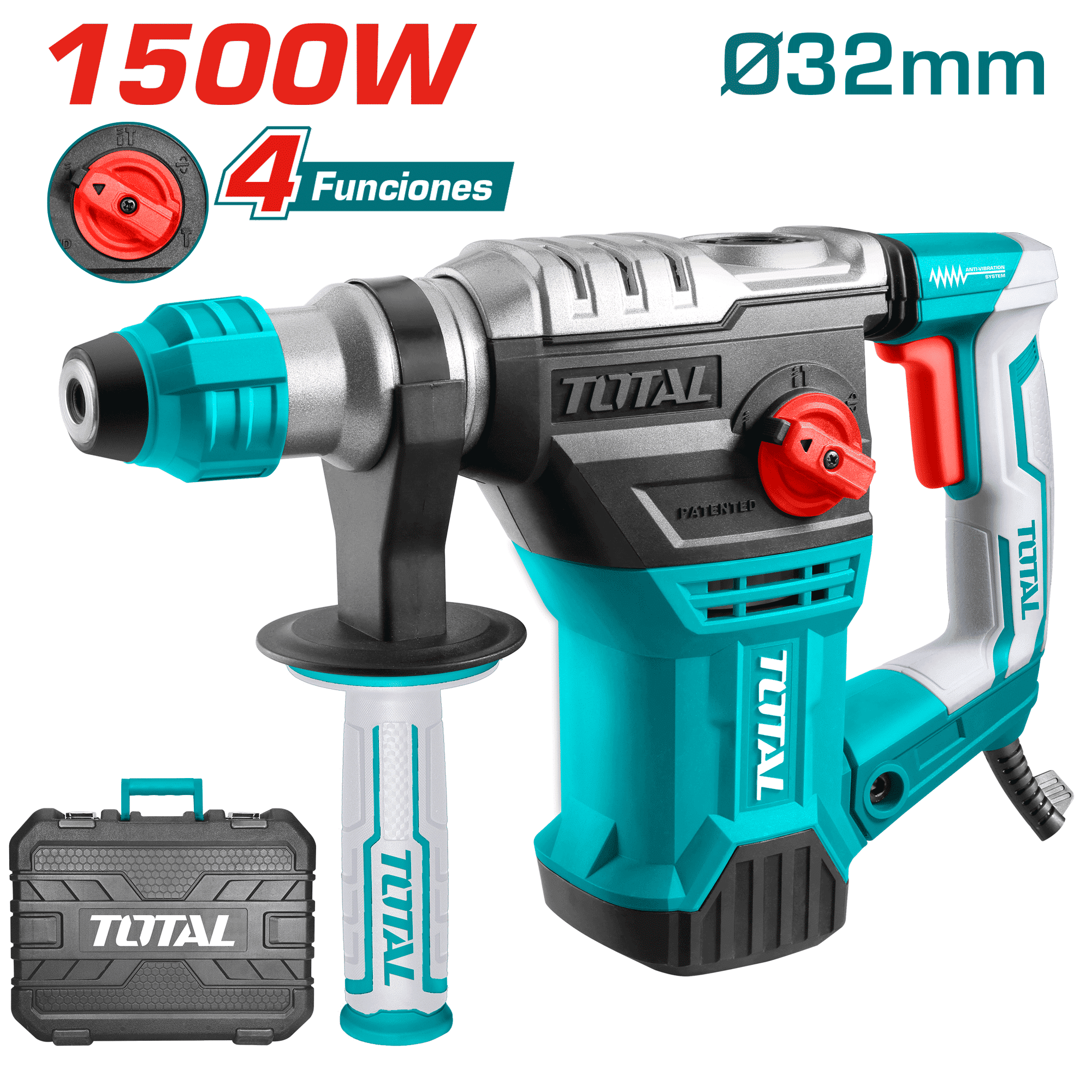 ROTOMARTILLO SDS+ 32MM 1500W 850RPM 4400BPM 5.5J 4FUNC MALETIN INDUSTRIAL