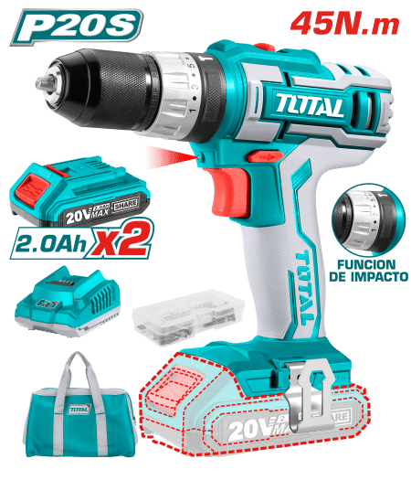 TALADRO PERCUTOR LI-ION 20V 45NM 0.8-10MM 2X2.0AH 22500BPM M/TELA INDUSTRIAL