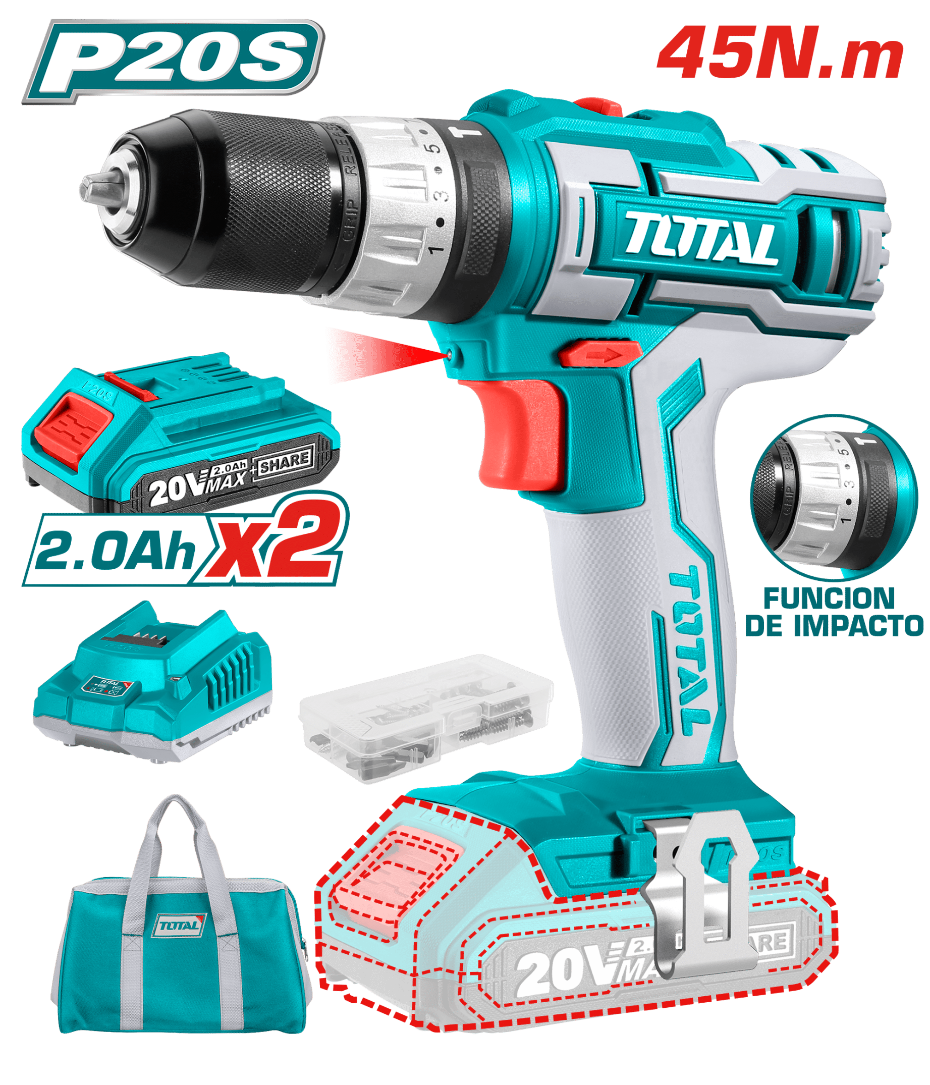 TALADRO PERCUTOR LI-ION 20V 45NM 0.8-10MM 2X2.0AH 22500BPM M/TELA INDUSTRIAL
