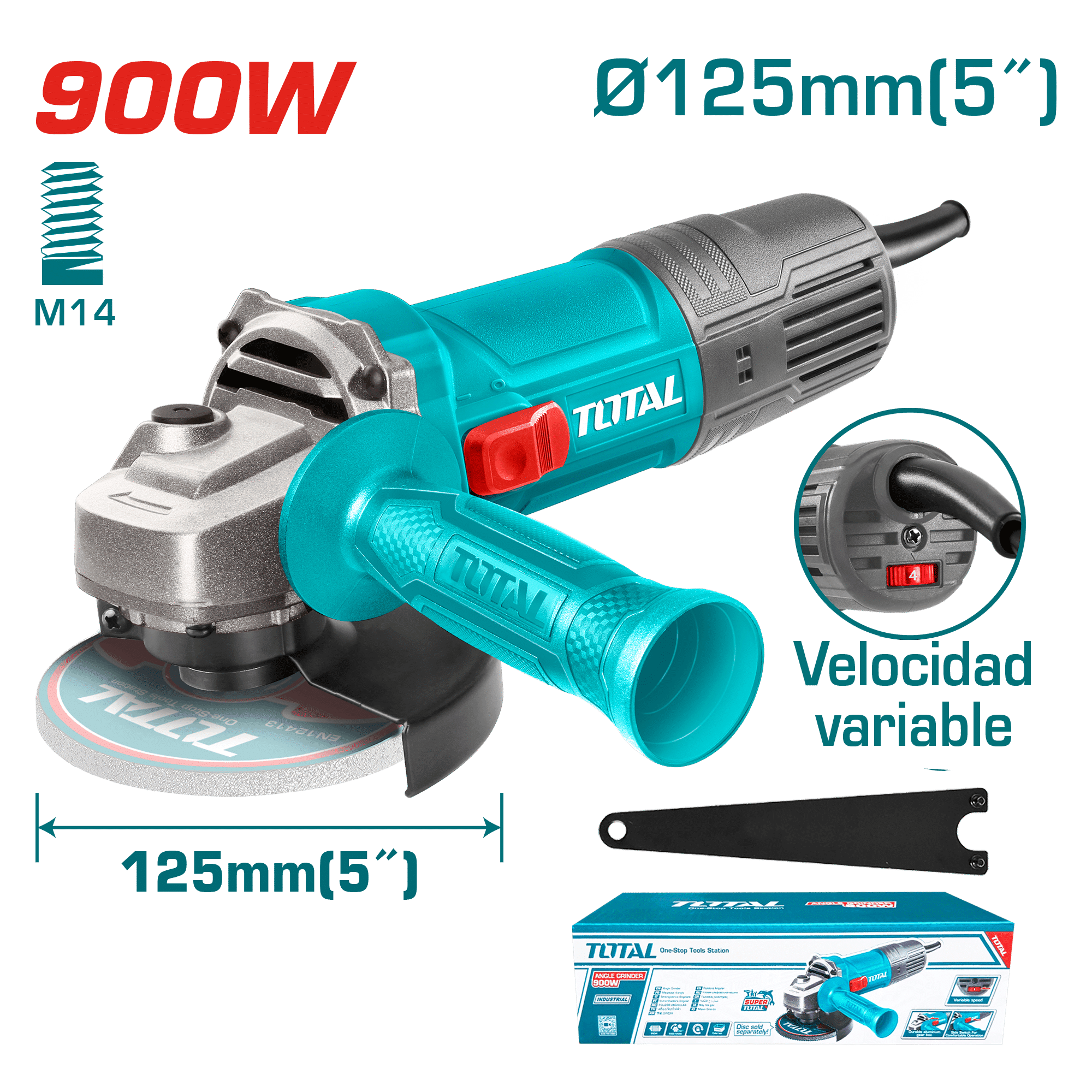 AMOLADORA ANGULAR 05'' 125mm 900W M14 5000-12000RPM VARIABLE MANGO CORTO INDUSTRIAL