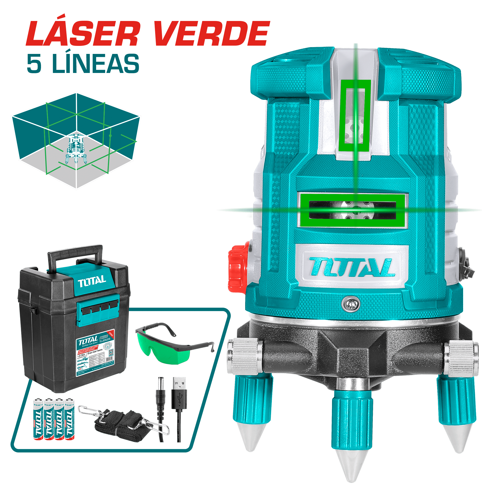NIVEL LASER 0-30M 5 LINEAS PRECISION 1MM VERDE INDUSTRIAL