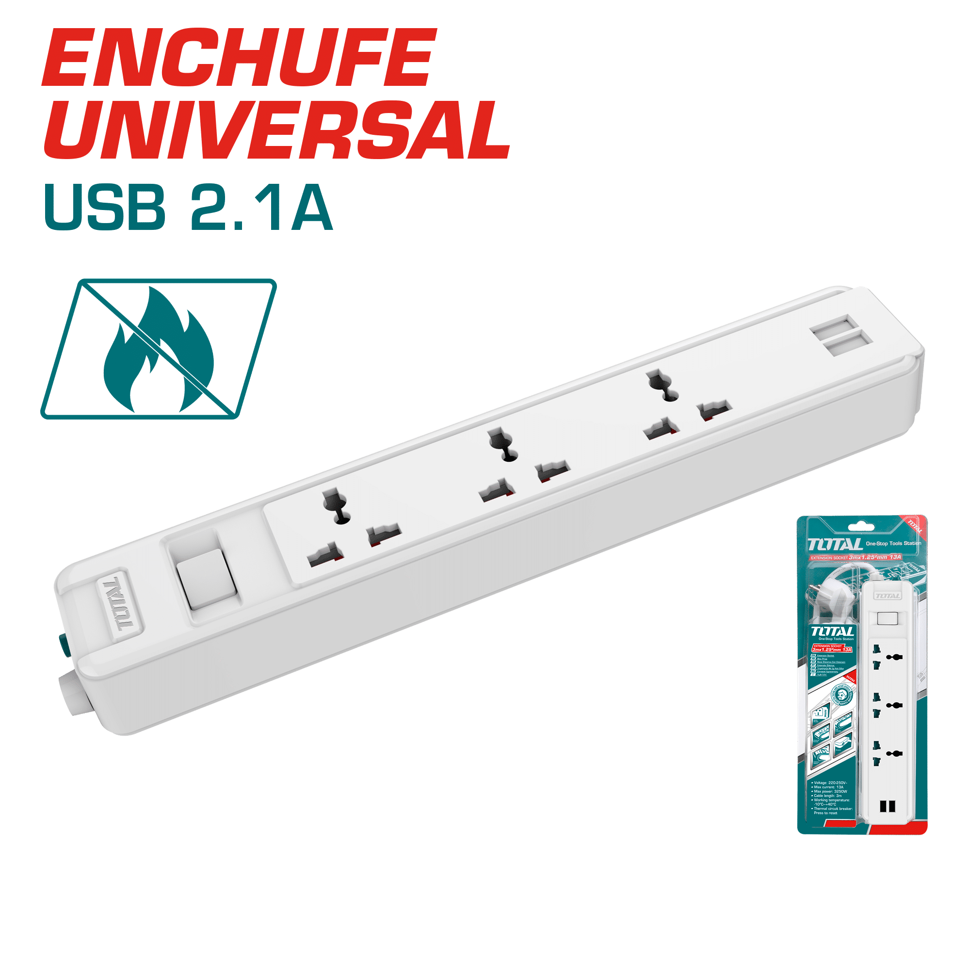 EXTENSION SUPRESOR DE PICOS 3 TOMAS + 2 PUERTOS USB