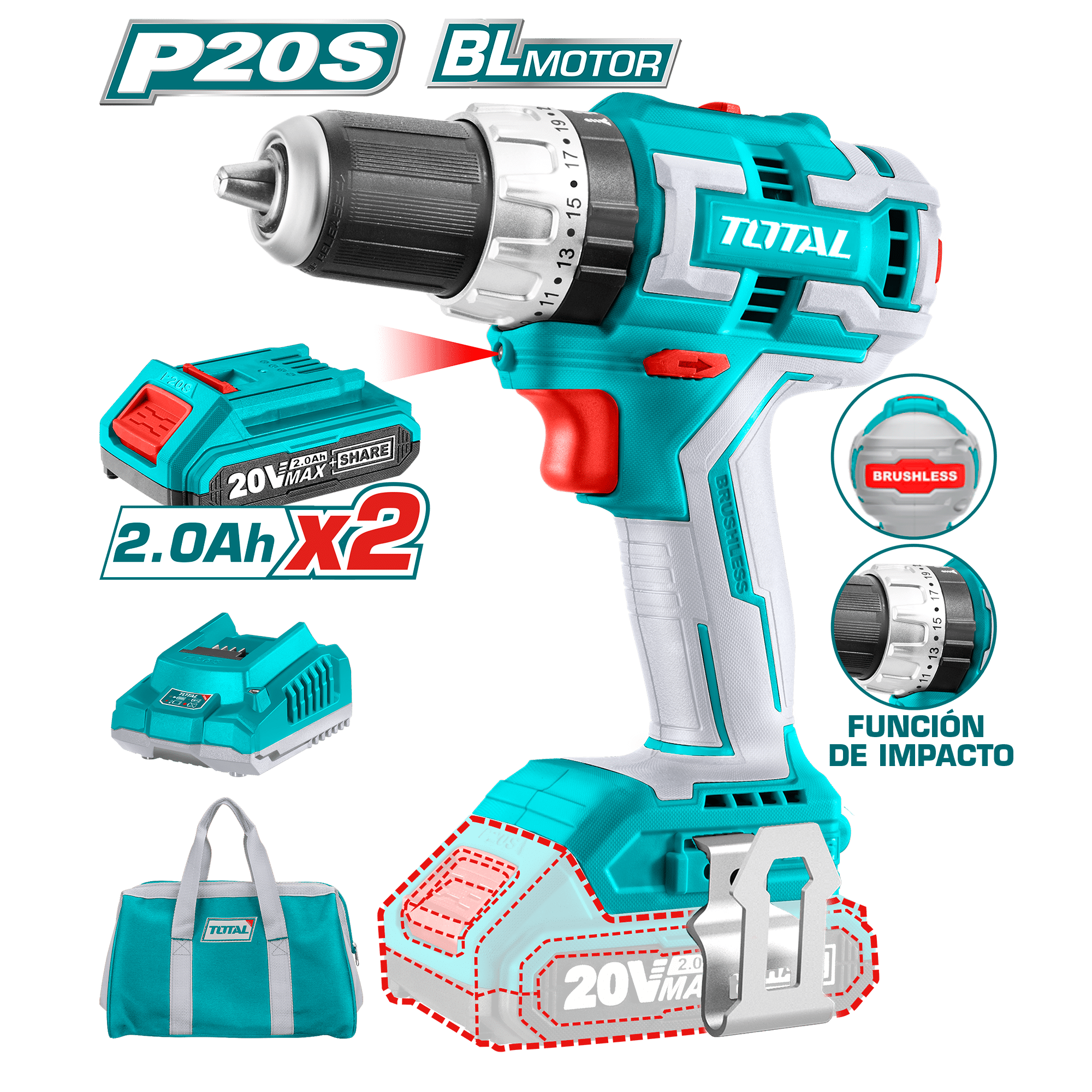 TALADRO PERCUTOR LI-ION 20V 60NM 13MM 2X2.0AH BRUSHLESS INDUSTRIAL