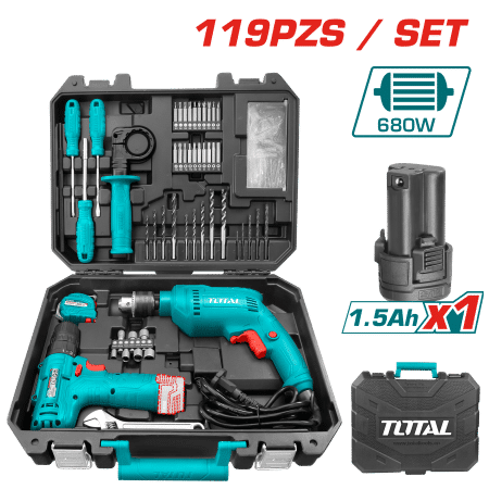 SET DE HERRAMIENTAS 119PCS ATORNILLADOR +TALADRO PERCUTOR 680W 13MM