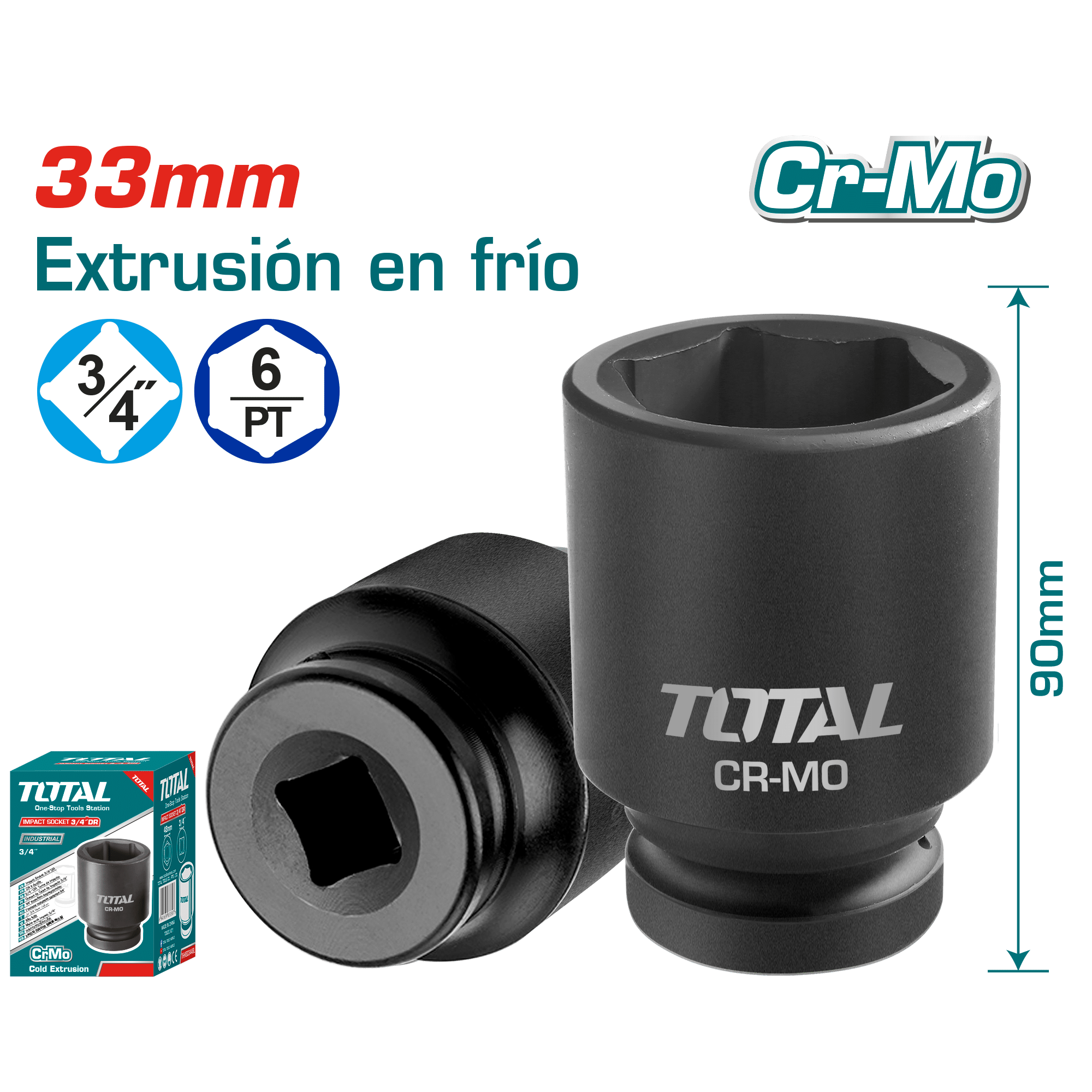 SOCKET IMPACTO DR 3/4 PULG 33X90MM CRMO INDUSTRIAL