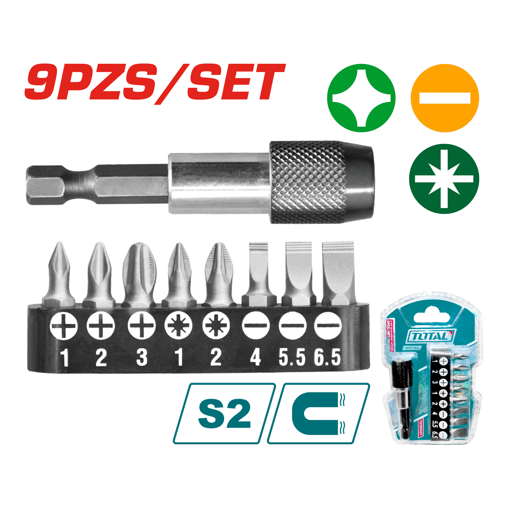 SET PORTA PUNTAS 1/4'' 60MM + PUNTAS 09PZS S2 MAGNETICO