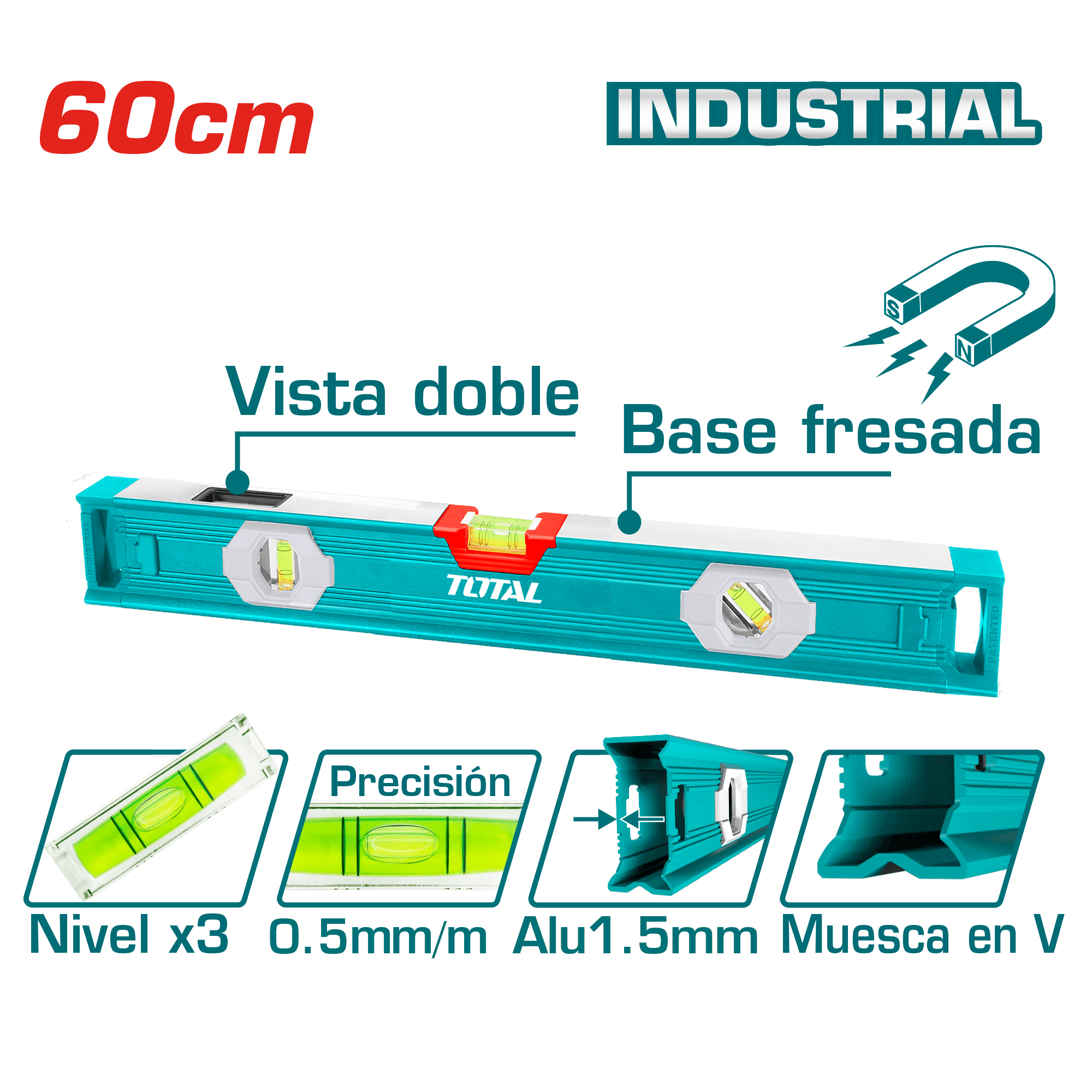 NIVEL BURBUJA HEAVY DUTY MAGNETICO 60CM B:3 0.5MM INDUSTRIAL