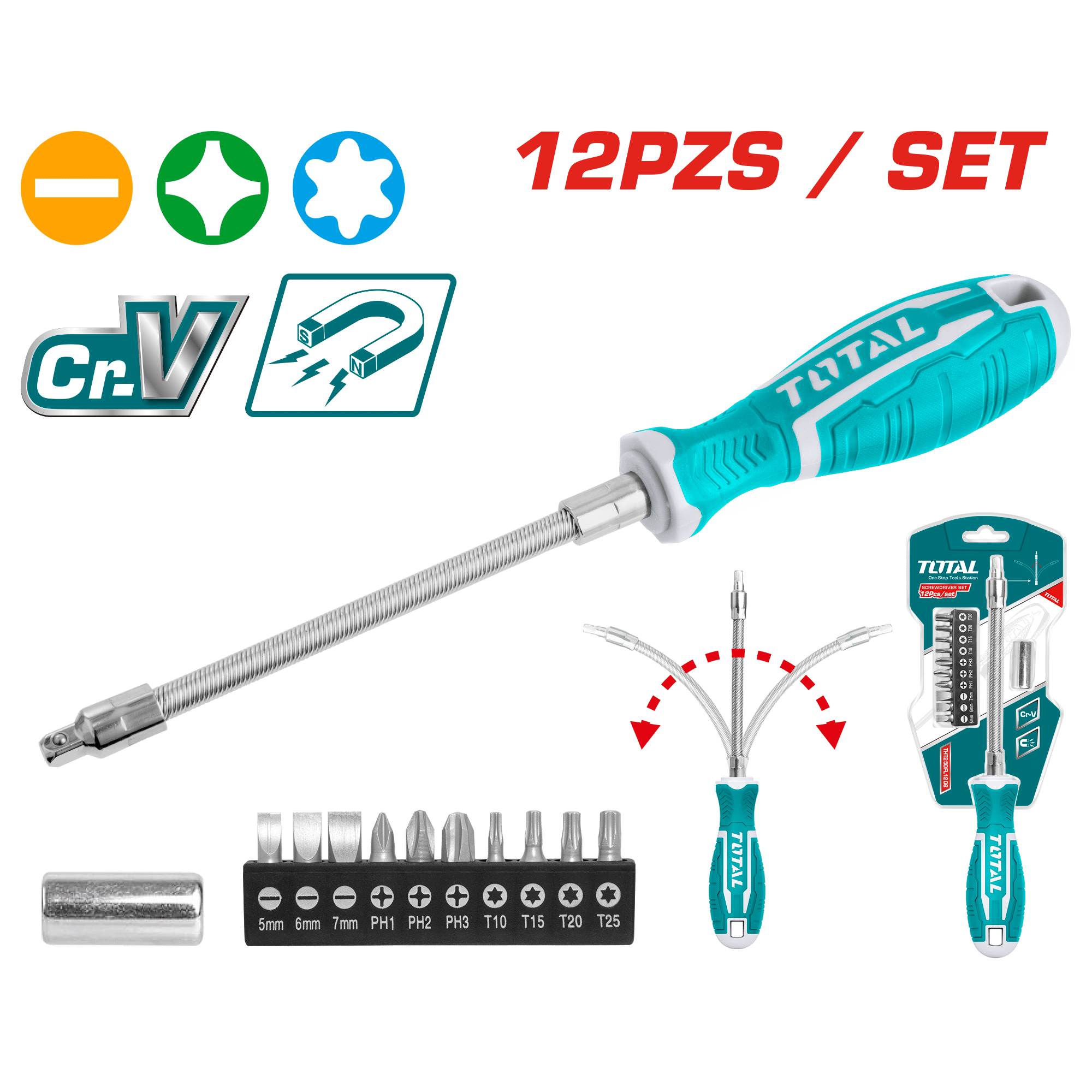 SET DESTORNILLADORES FLEXIBLE 12PCS INC 10 PUNTAS MAG.