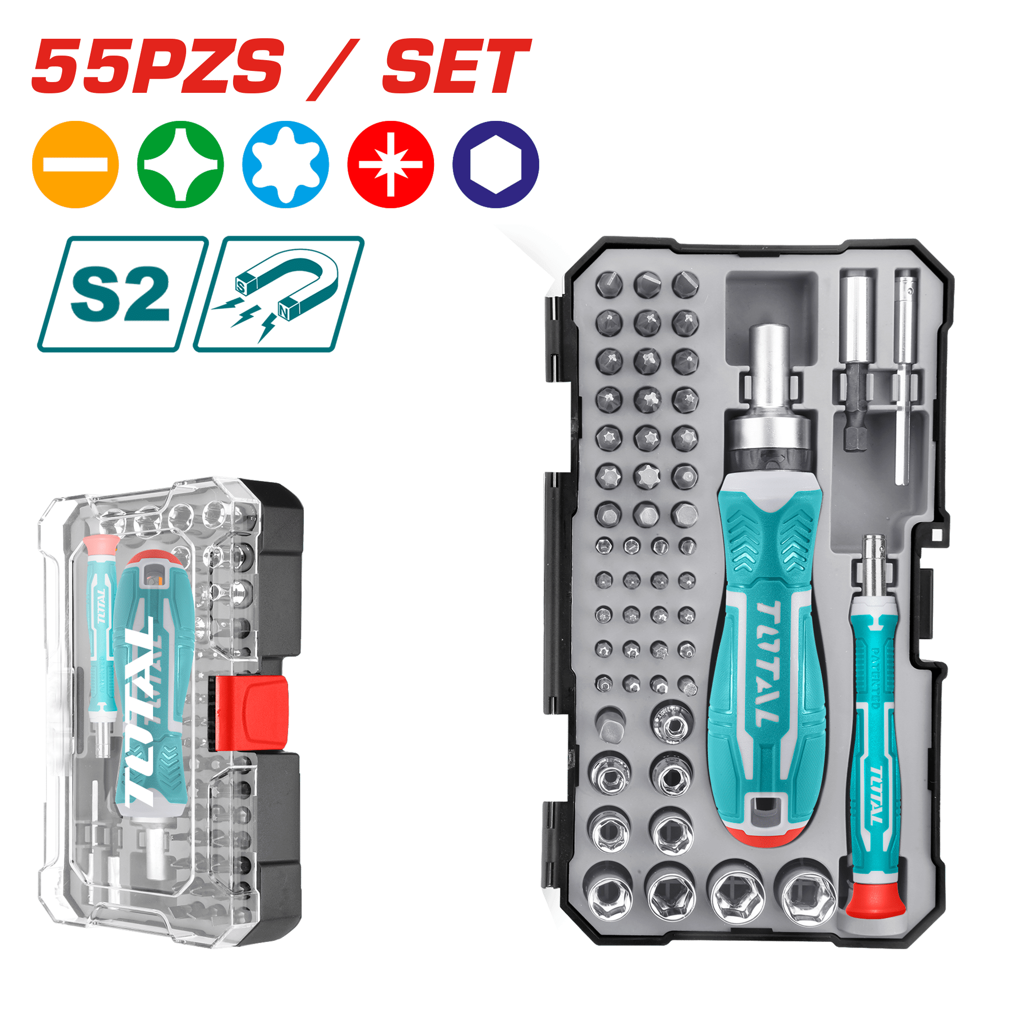 SET DESTORNILLADOR + PUNTAS 55PZS S2 MAGNETICO ESTUCHE INDUSTRIAL