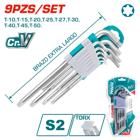 SET DE LLAVES TORX 9PCS S2 T10-T50 EXTRA BRAZO LARGO INDUSTRIAL