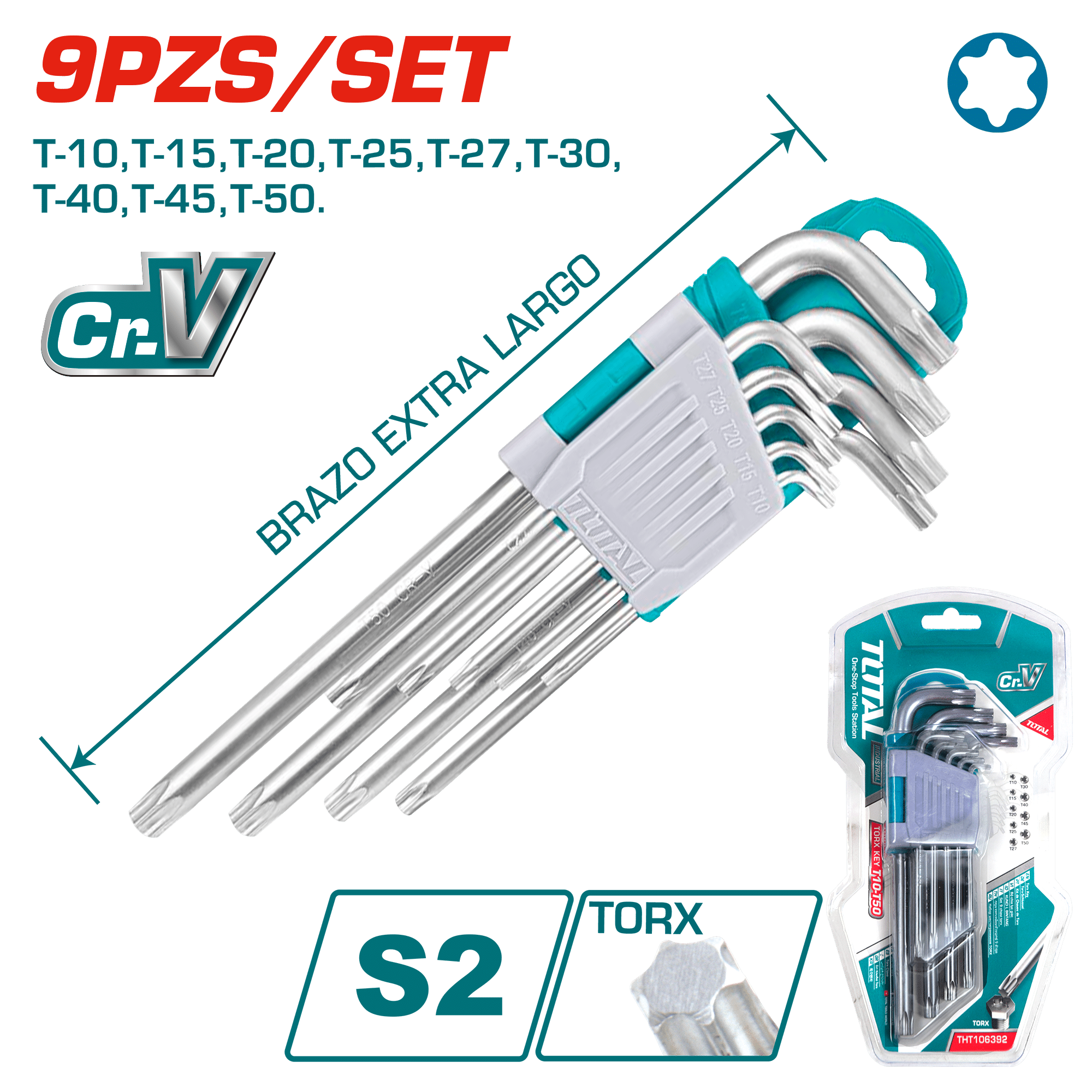 SET DE LLAVES TORX 9PCS S2 T10-T50 EXTRA BRAZO LARGO INDUSTRIAL