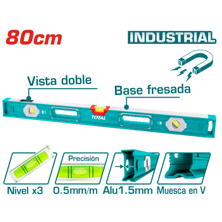 NIVEL BURBUJA HD 80CM B:3 ALUMINIO 1.5MM PRES:0.5MM MAGNETICO INDUSTRIAL