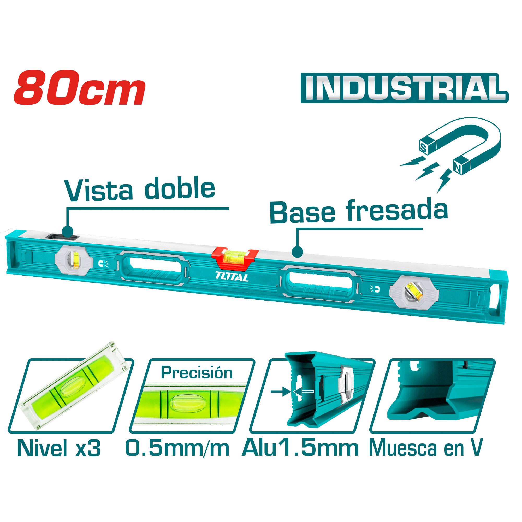 NIVEL BURBUJA HD 80CM B:3 ALUMINIO 1.5MM PRES:0.5MM MAGNETICO INDUSTRIAL