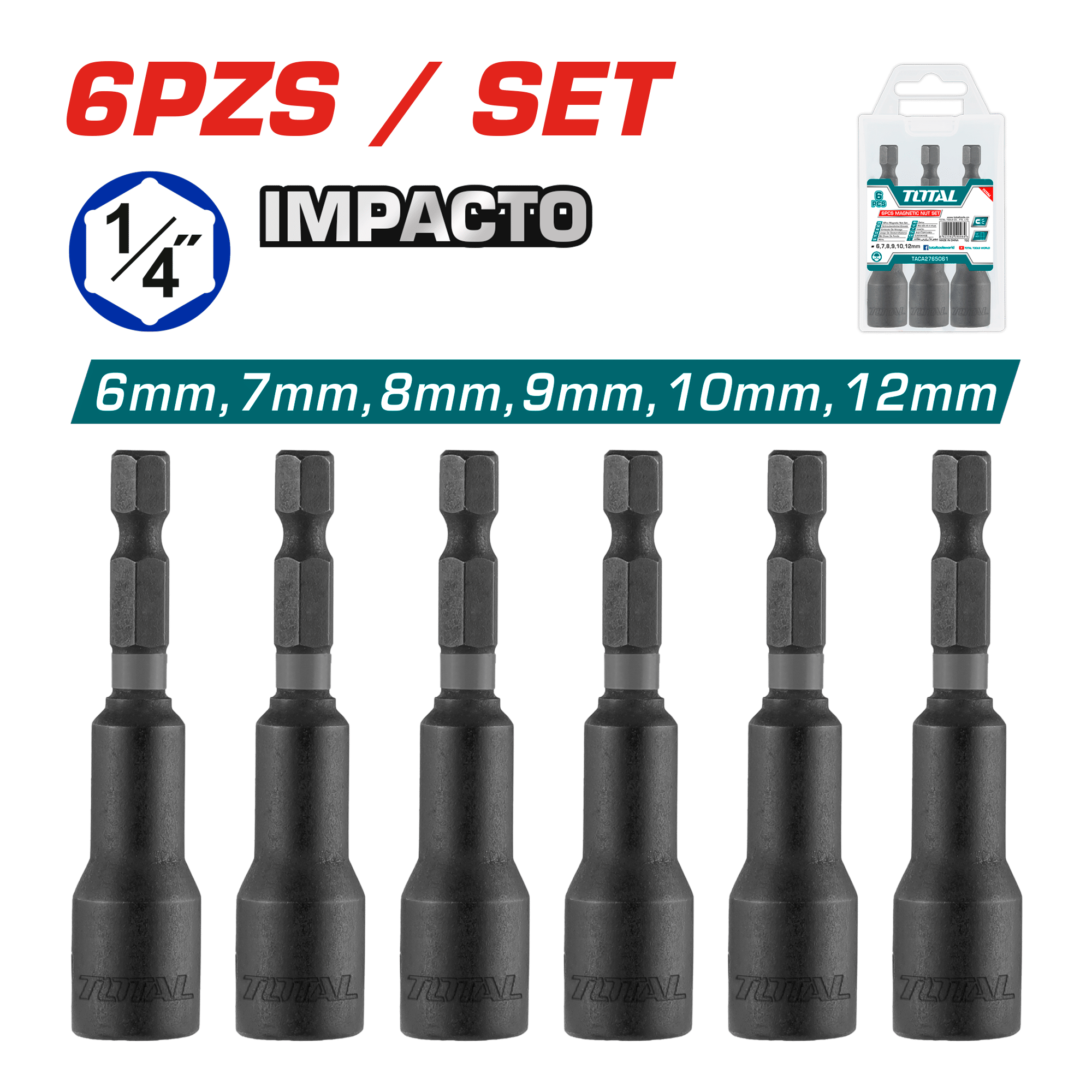 SET SOCKETS MAGNÉTICO 1/4'' HEX 6-12MM X65MM 50BV30 6PZS