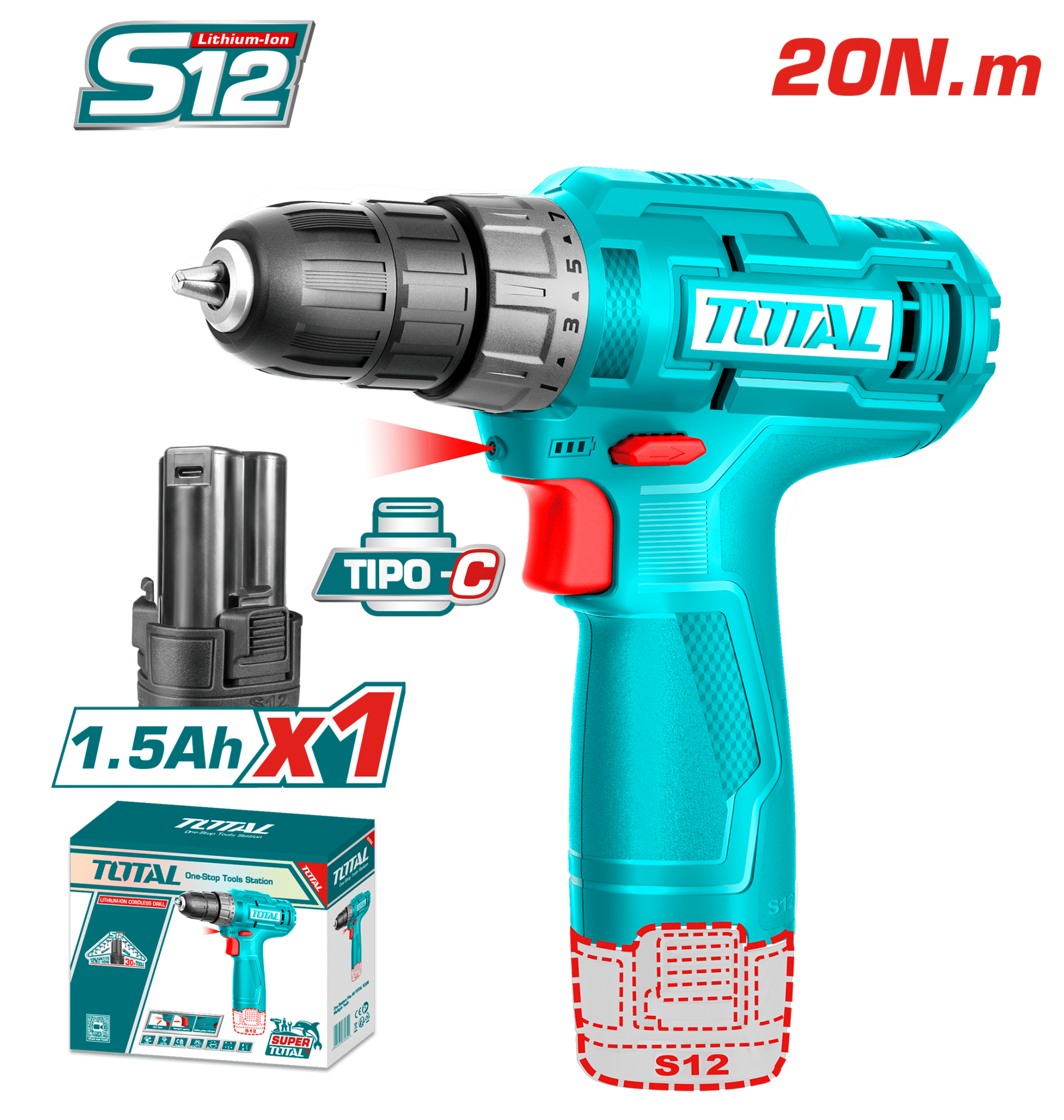 TALADRO 12V S12 20NM 0.8-10MM 0-750RPM 1X1.5AH TIPO C