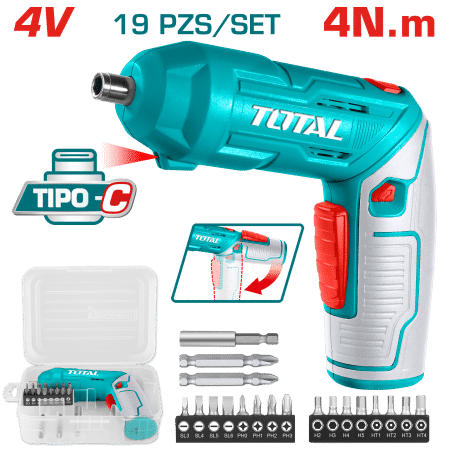 DESTORNILLADOR AJUSTABLE TIPO-C 4V HEX 1/4'' 240RPM 4N.M +ACC(19PCS) ESTUCHE