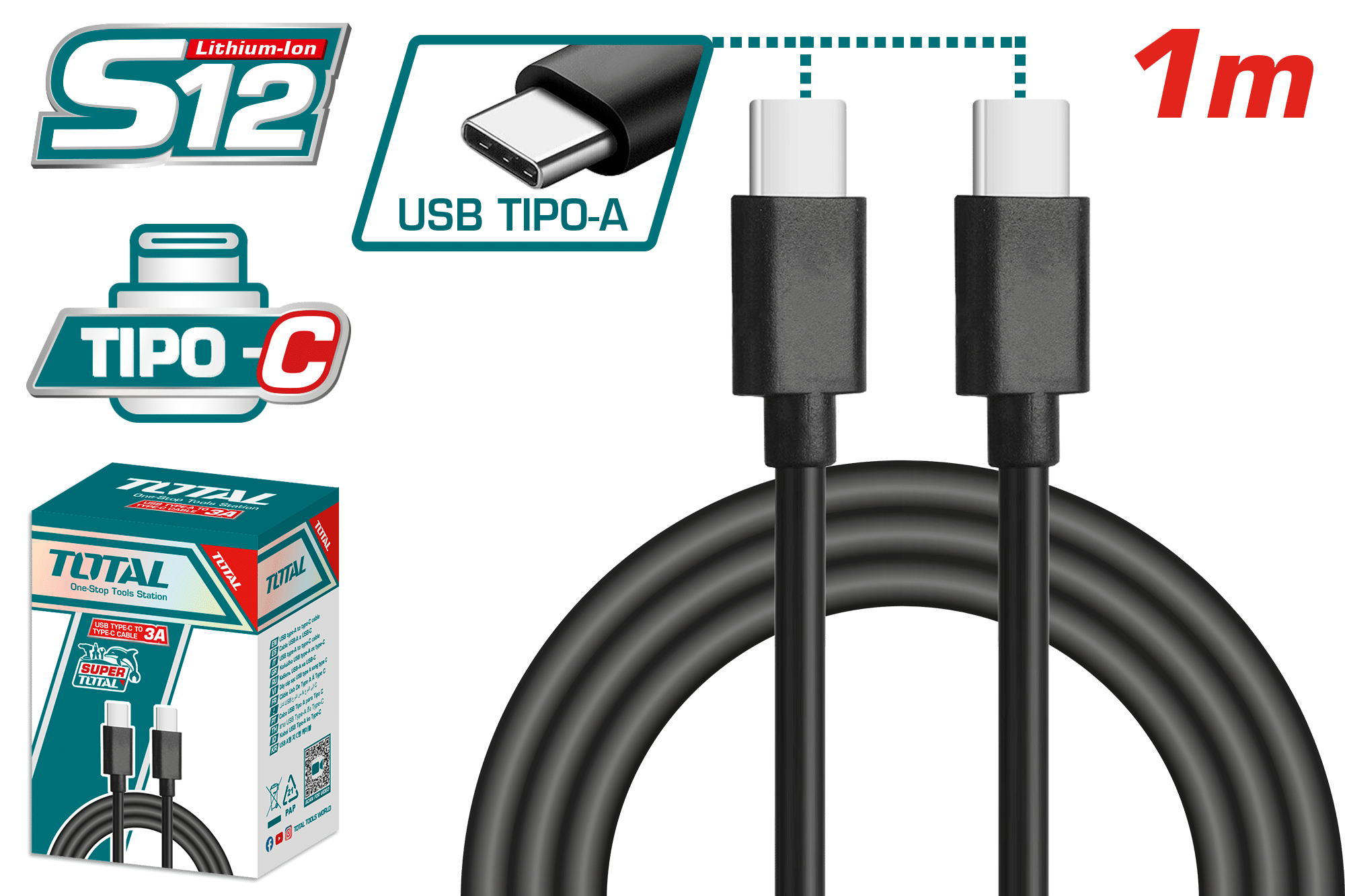 CABLE USB TIPO C/C 1M 3A PARA CARGADOR S12