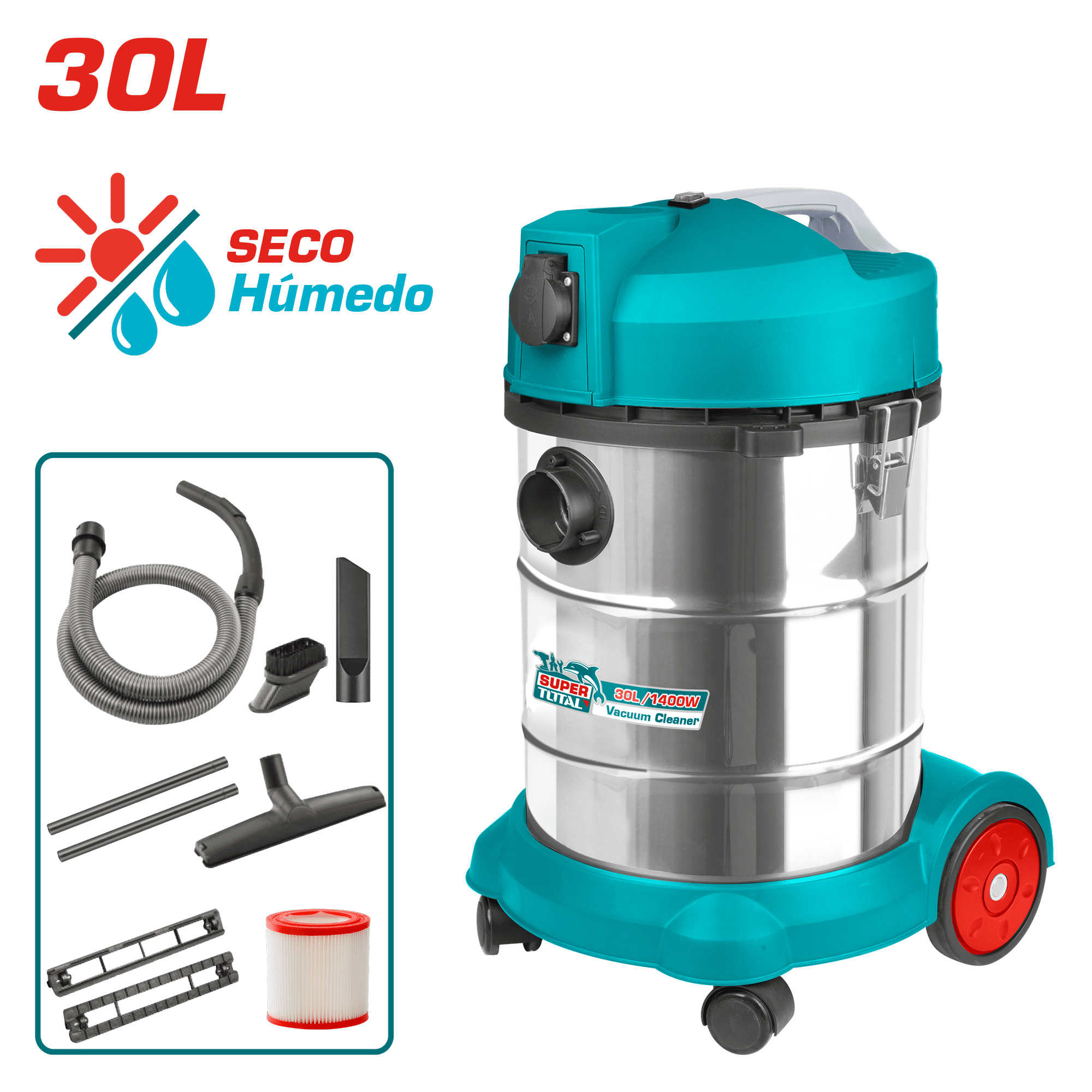 ASPIRADORA 30L 1400W 1.9M3/MIN 18KPA SECO/HUMEDO INDUSTRIAL