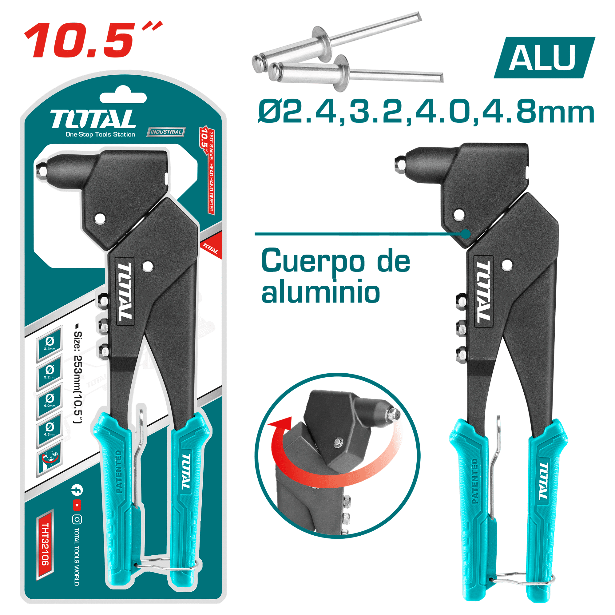 REMACHADORA ALUMINIO 10.5PULG 2.4/3.2/4.0/4.8MM REM.AL GIRO 360 INDUSTRIAL