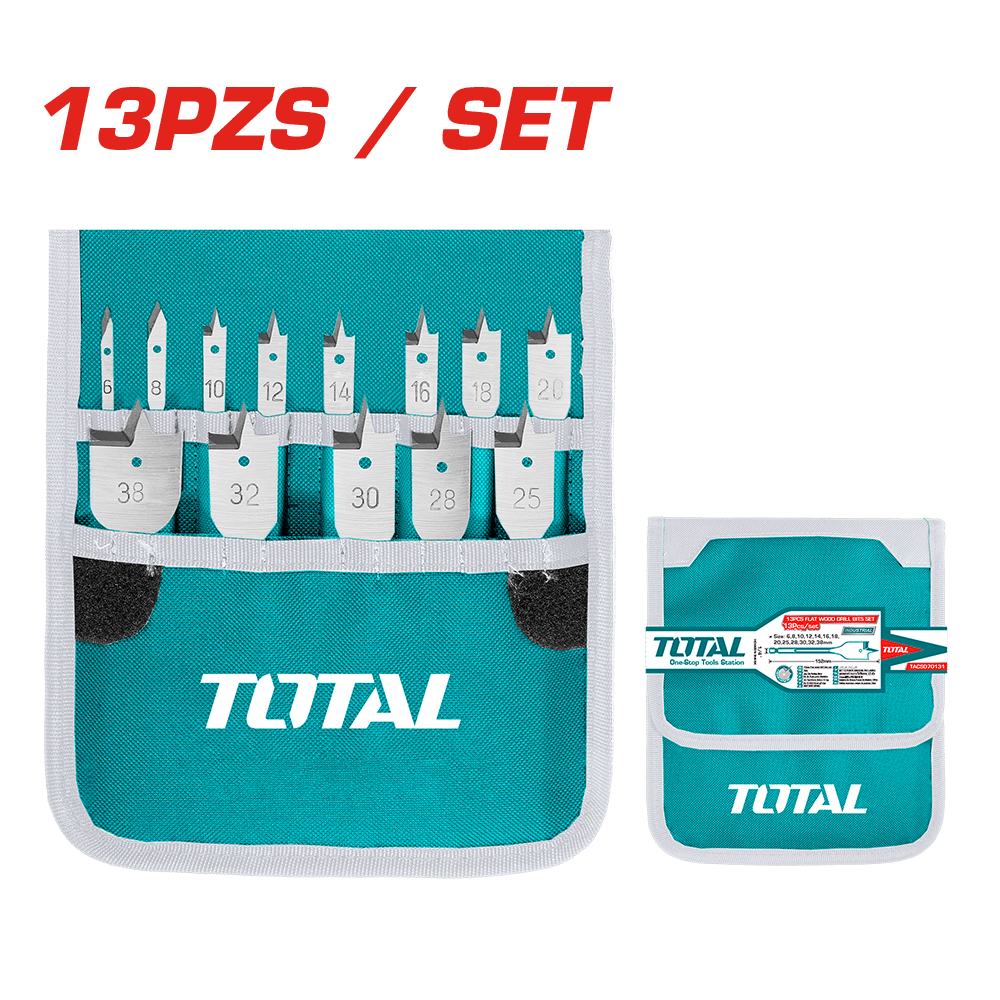 SET DE BROCAS PLANAS PARA MADERA 13 PIEZAS 6-38mm + ESTUCHE LONA INDUSTRIAL