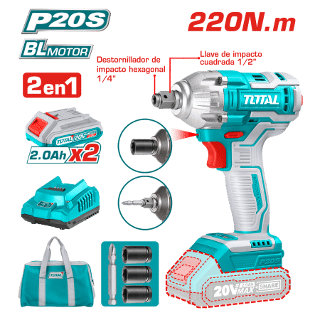 LLAVE/DESTORNILLADOR DE IMPACTO BRUSHLESS 20V 1/2'' 220NM 2X2.0AH MALETIN LONA