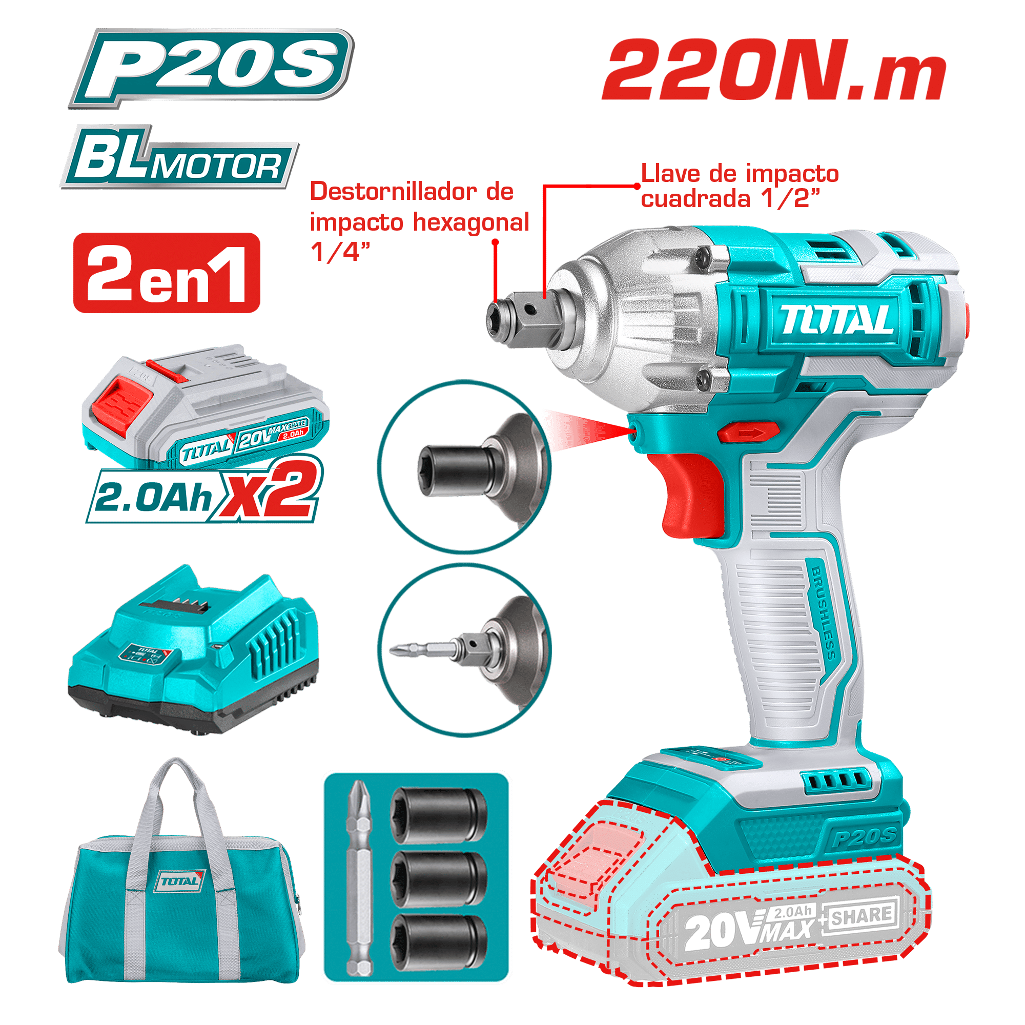 LLAVE/DESTORNILLADOR DE IMPACTO BRUSHLESS 20V 1/2'' 220NM 2X2.0AH MALETIN LONA