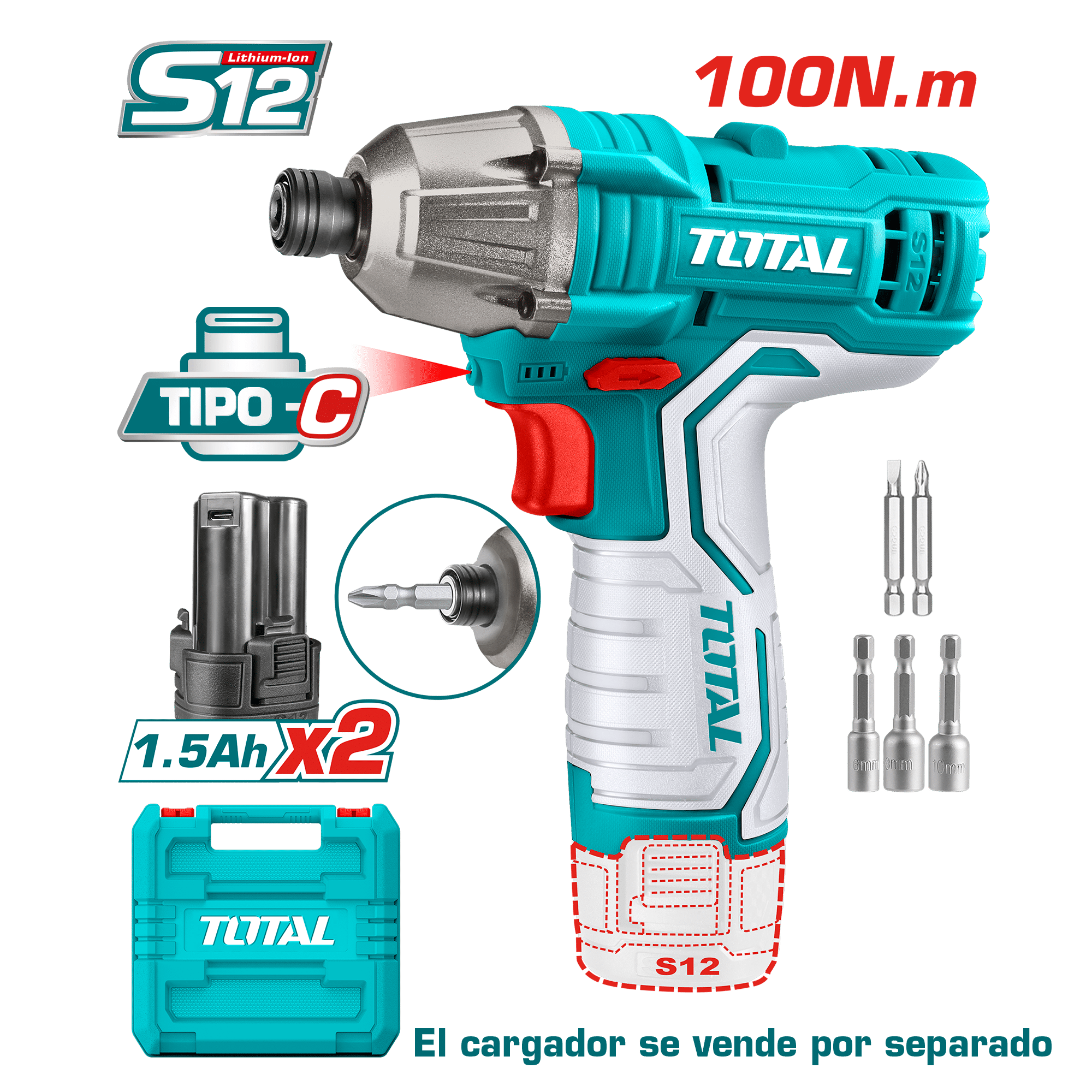 ATORNILLADOR DE IMPACTO 12V 0-2000RPM 0-2800BPM 100NM 2X1.5AH TIPO C
