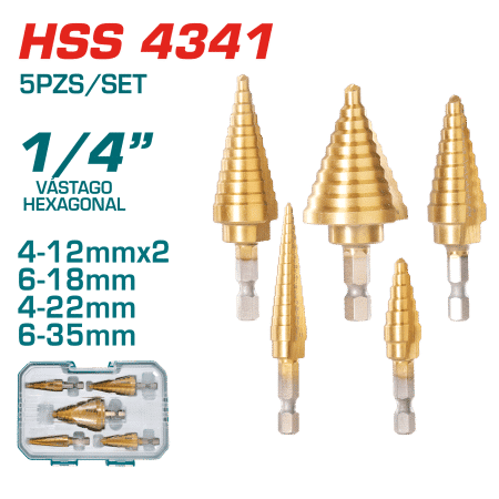 SET BROCAS ESCALONADAS 1/4'' HEX HSS 4341 4-35MM 5PZS/SET INDUSTRIAL