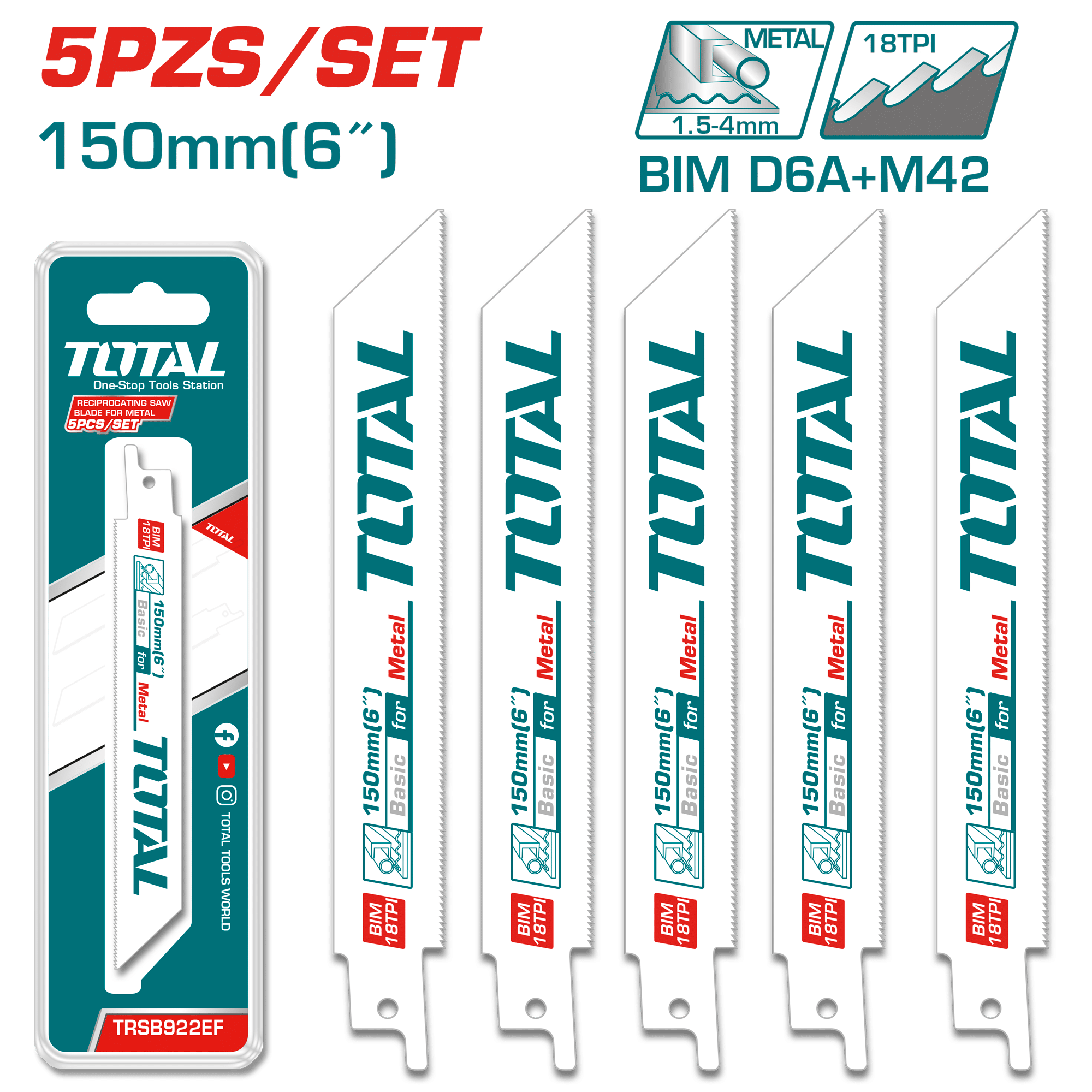 SET CUCHILLAS SIERRA SABLE 05PCS 150X19X1.2MM 18TPI HSS 8%CO PARA METAL