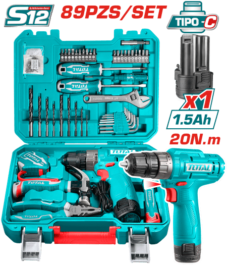 COMBO TALADRO 12V TIPO-C 20NM 1X1.5AH + HERRAMIENTAS MALETIN (89PCS)