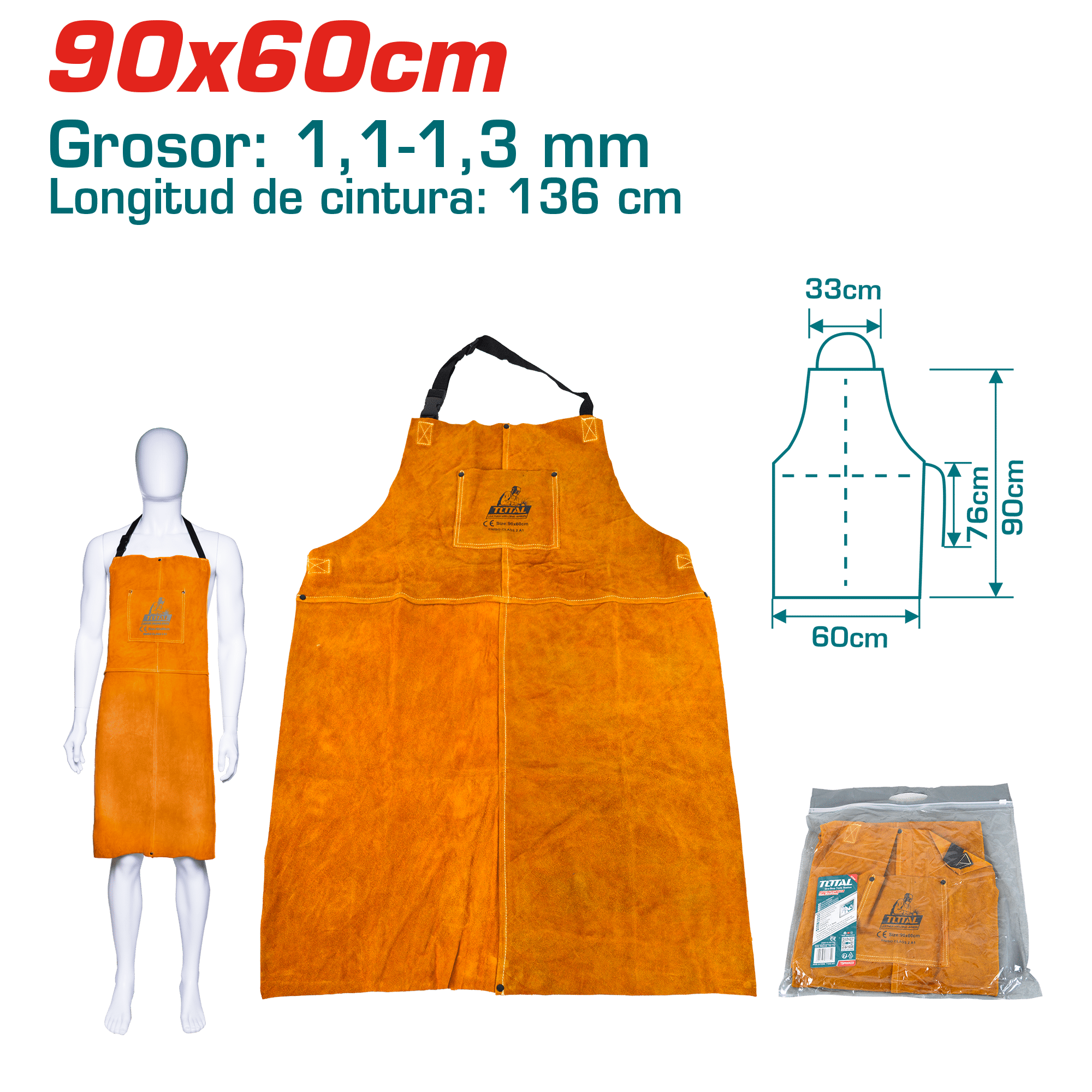 MANDIL DE CUERO PARA SOLDAR 90X60CM CON AISLAMIENTO DEL CALOR Y RETARDANTE DE FLAMA