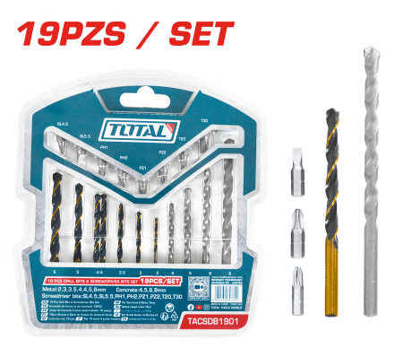 SET DE BROCAS 19PZS (7PZS HSS + 4PZS CONCRETO + 8PZS PUNTA DESTORNILLAR)