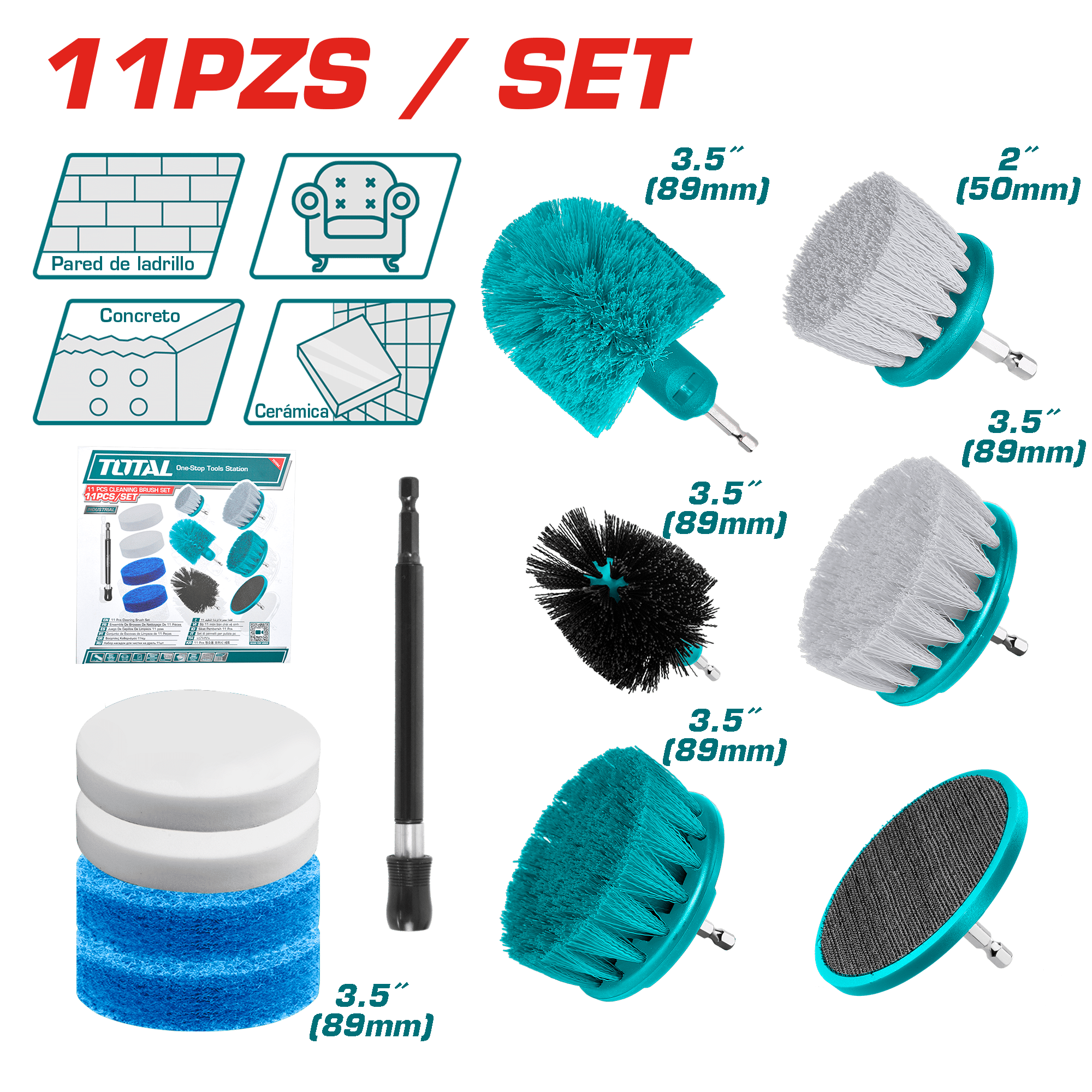 SET DE CEPILLOS MULTIUSOS 1/4'' HEX P/TALADRO 11PCS INC EXTENSIÓN INDUSTRIAL