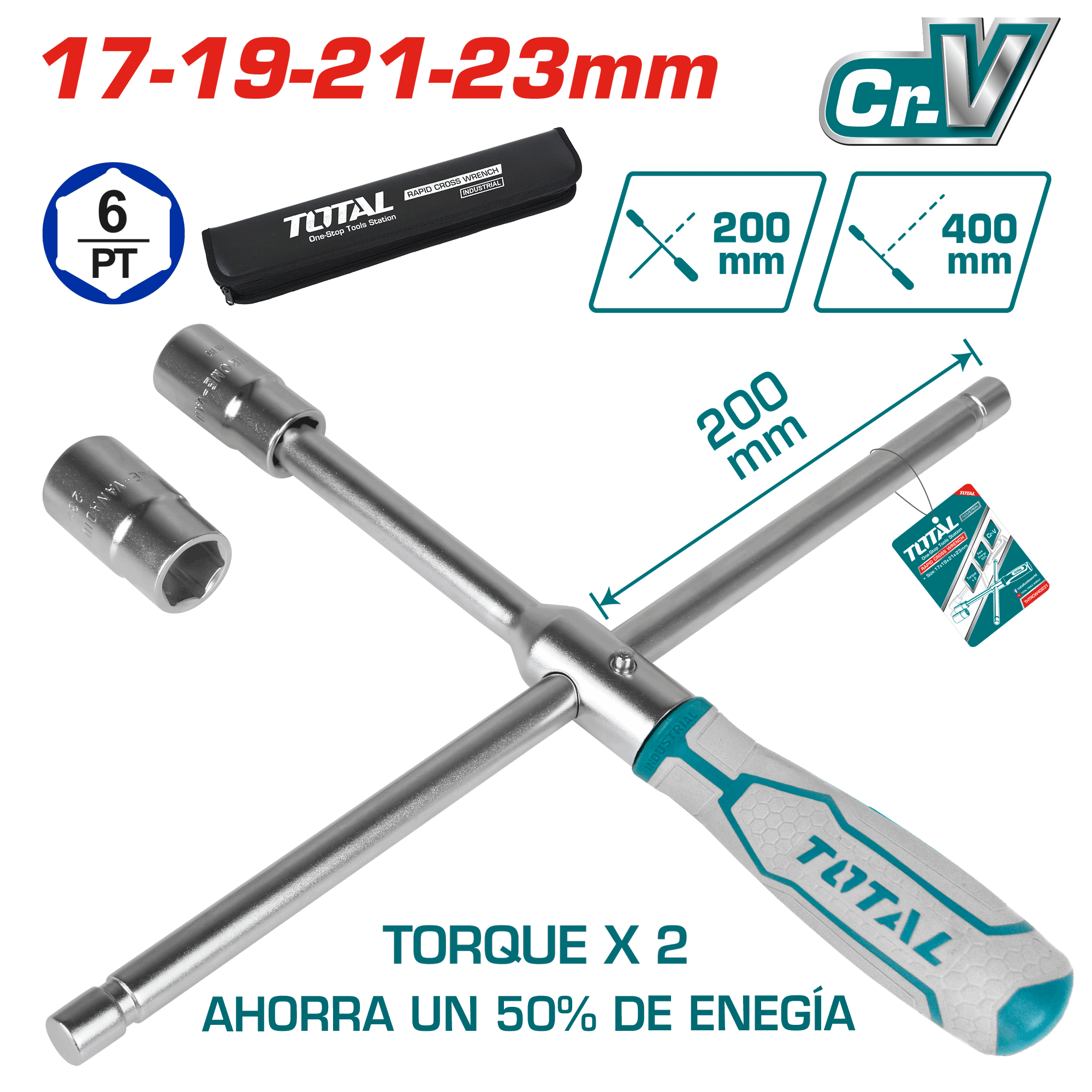 LLAVE EN CRUZ 16'' CON MANGO 4 SOCKETS 1/2'' 17/19/21/23MM CRV INDUSTRIAL
