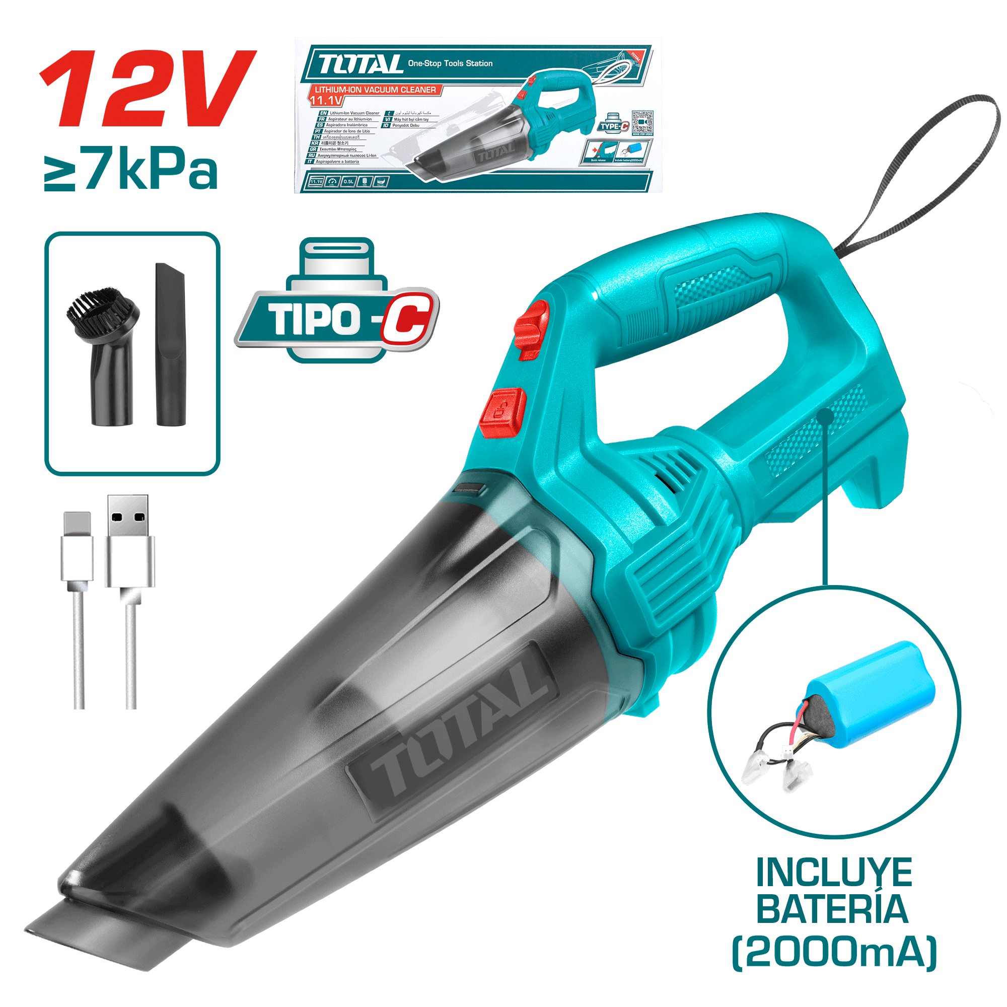 ASPIRADORA TIPO-C 0.5L 12V 7KPA BATERIA ISR18650-2000MAH