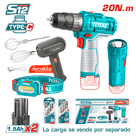 SET TALADRO + BATIDORA + LINTERNA + LAMPARA LI-ION 12V 0.8-10MM 0-1500RPM 20NM