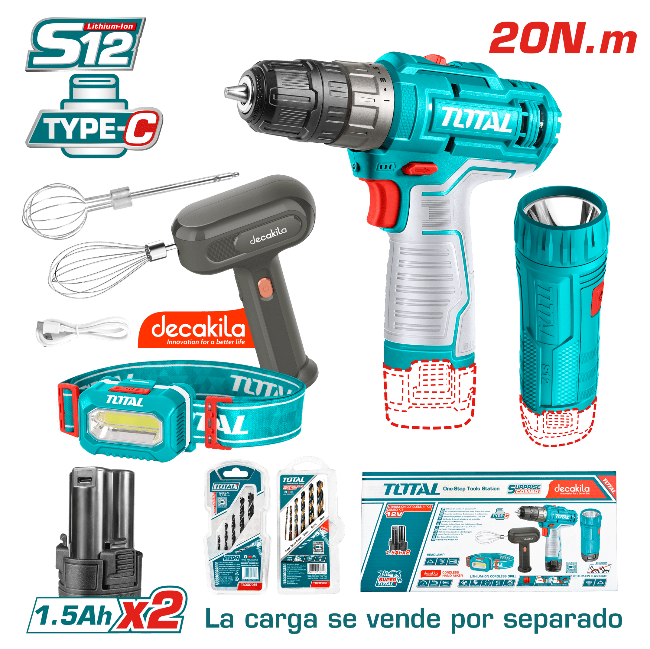SET TALADRO + BATIDORA + LINTERNA + LAMPARA LI-ION 12V 0.8-10MM 0-1500RPM 20NM