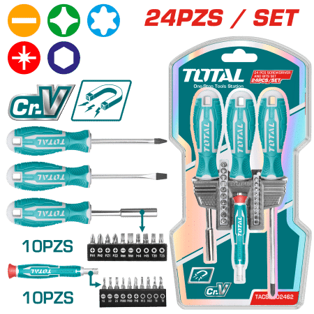 SET DESTORNILLADORES 24PCS CR.V 1XSL+1PH+1X1/4+1PREC+10PUNTAS 1/4+10 PUNTAS PRECISION MAG.