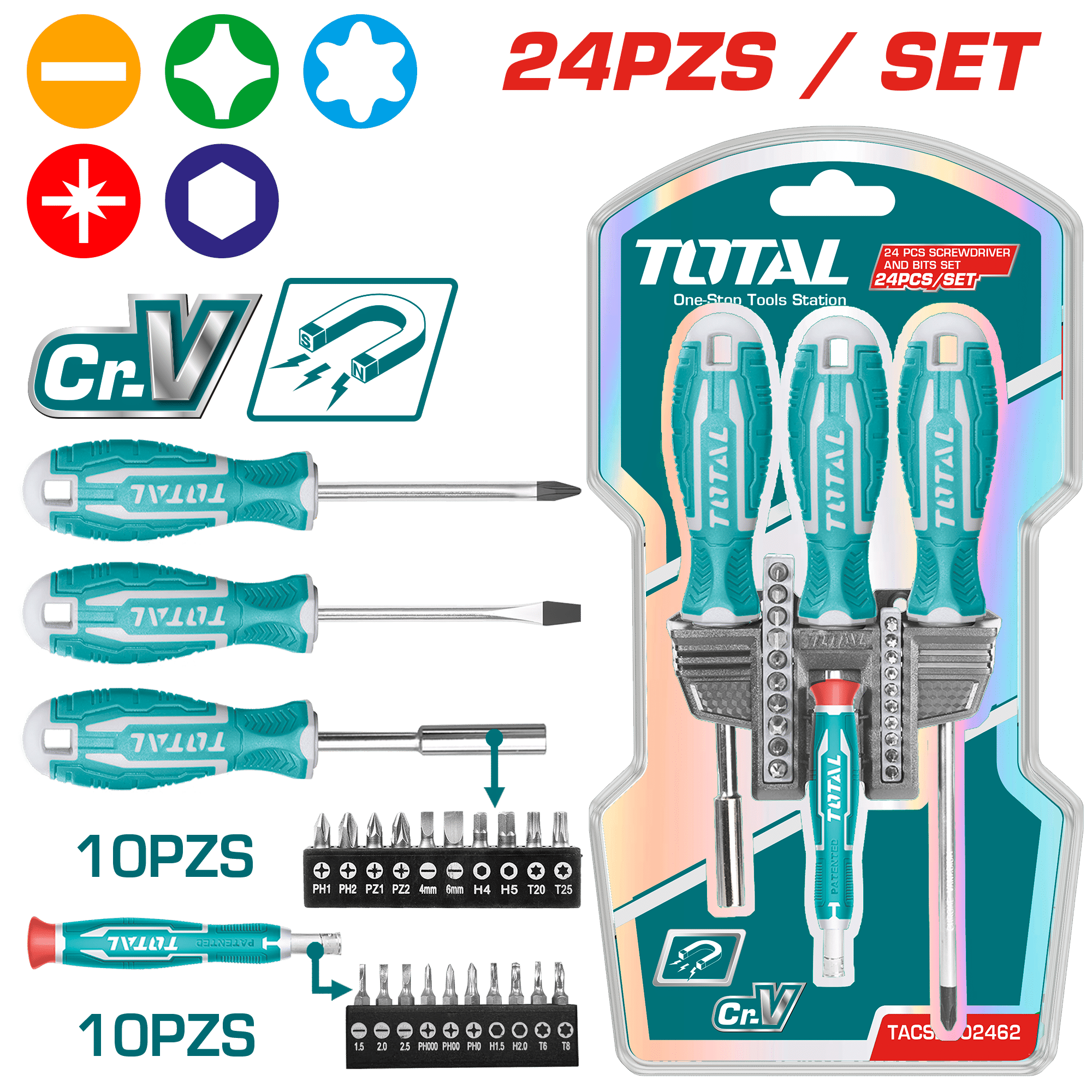 SET DESTORNILLADORES 24PCS CR.V 1XSL+1PH+1X1/4+1PREC+10PUNTAS 1/4+10 PUNTAS PRECISION MAG.