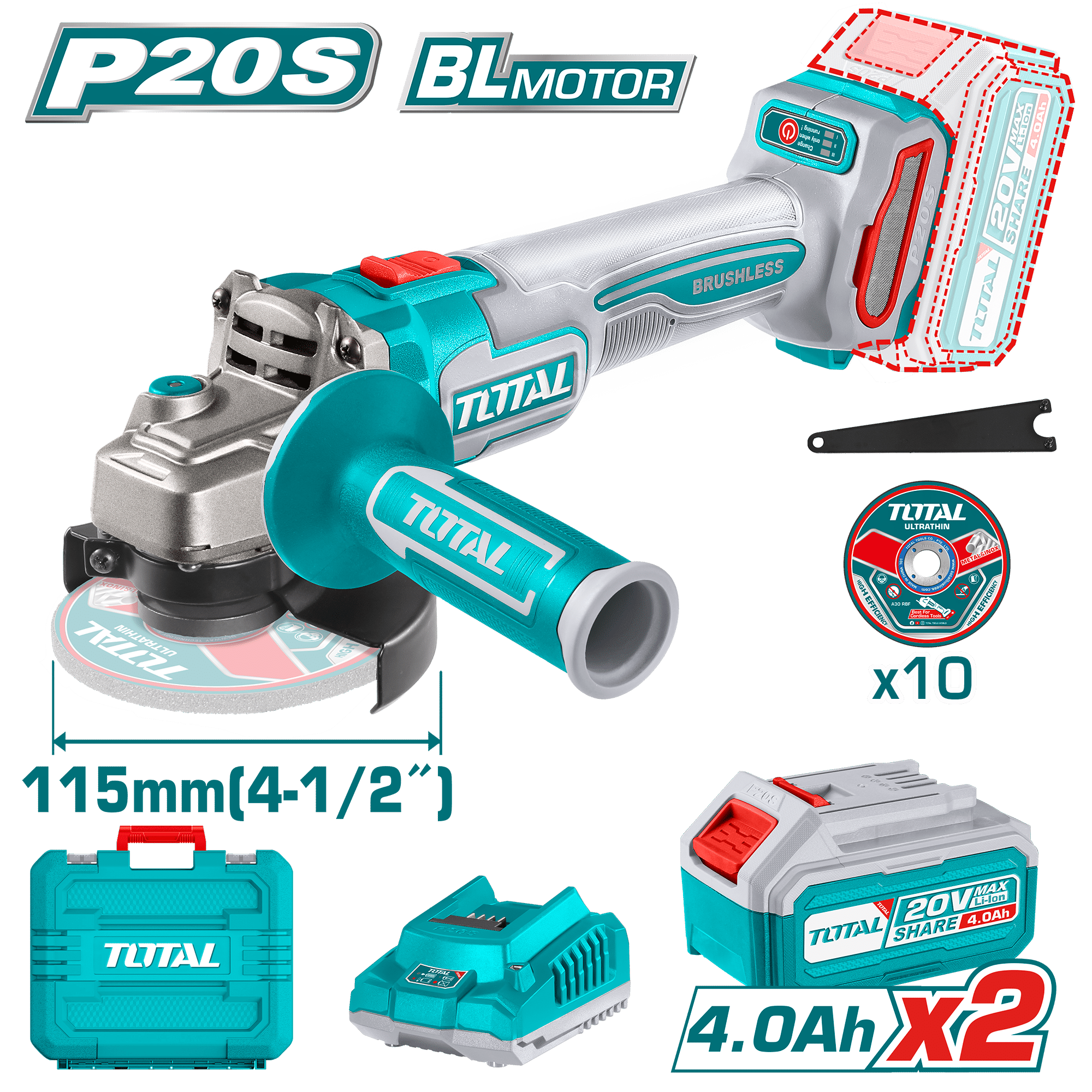 AMOLADORA 20V BRUSHLESS 3000-9000RPM 115MM M14 900W 2X4.0AH + MALETIN